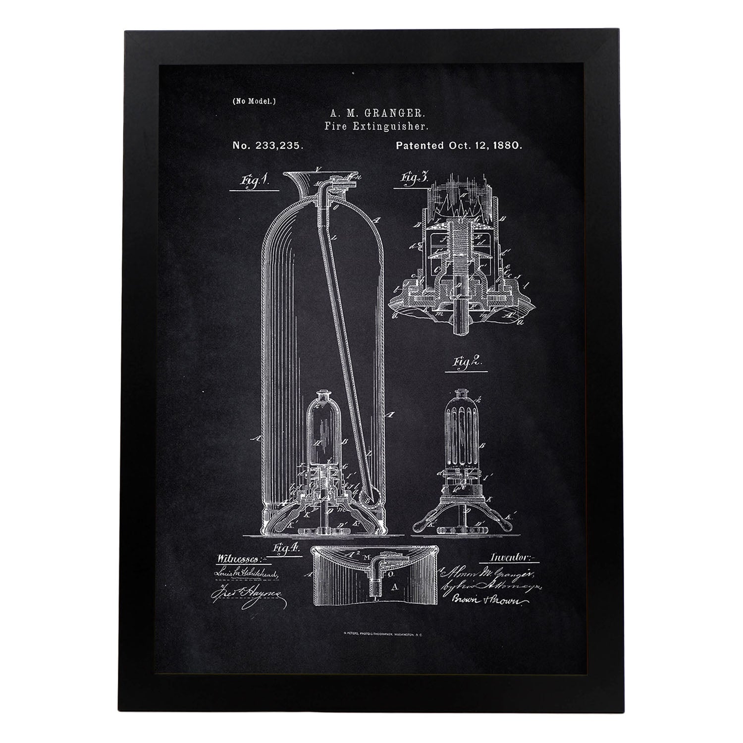 Poster con patente de Extintor. Lámina con diseño de patente antigua-Artwork-Nacnic-A4-Marco Negro-Nacnic Estudio SL