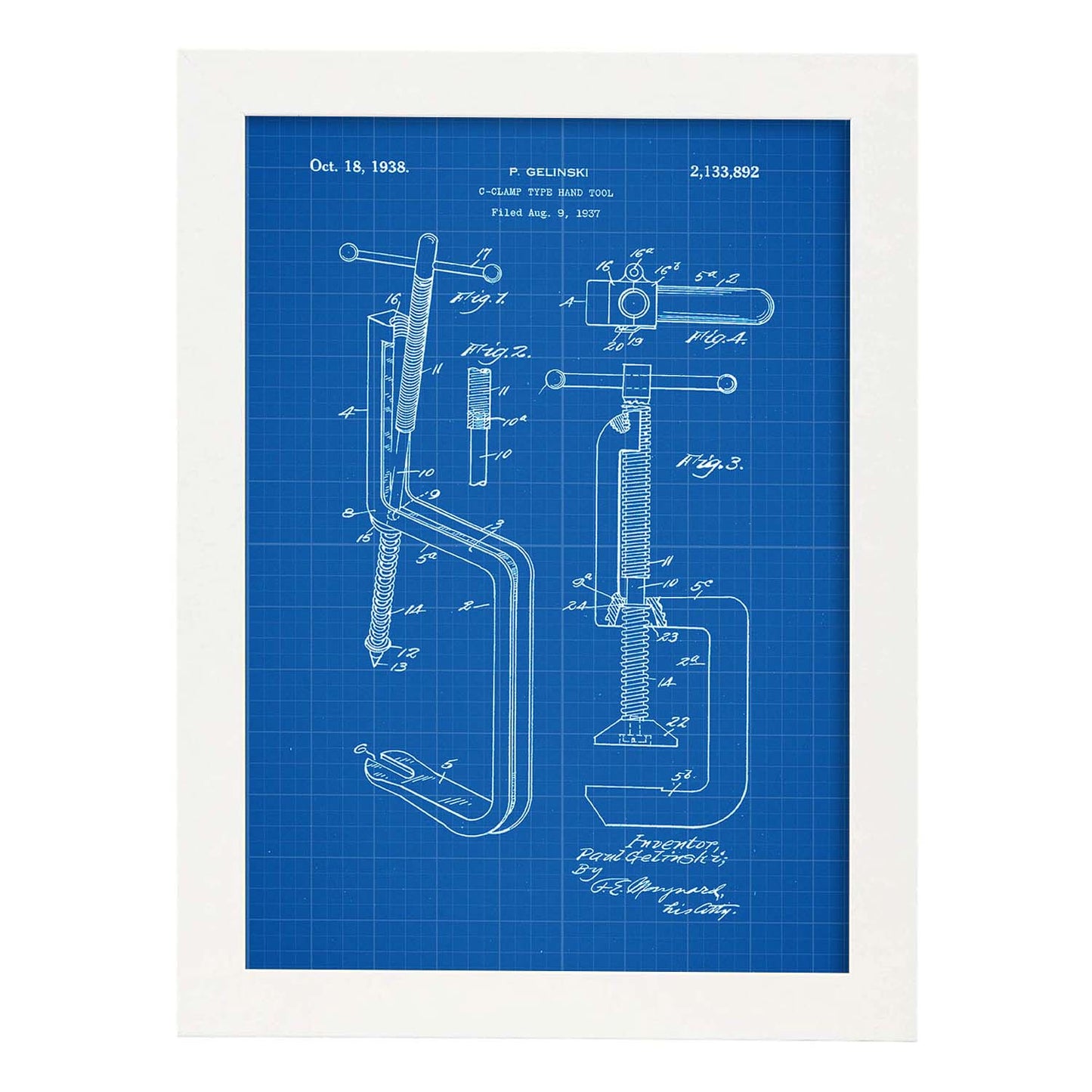 Poster con patente de Garra de mano. Lámina con diseño de patente antigua-Artwork-Nacnic-A3-Marco Blanco-Nacnic Estudio SL