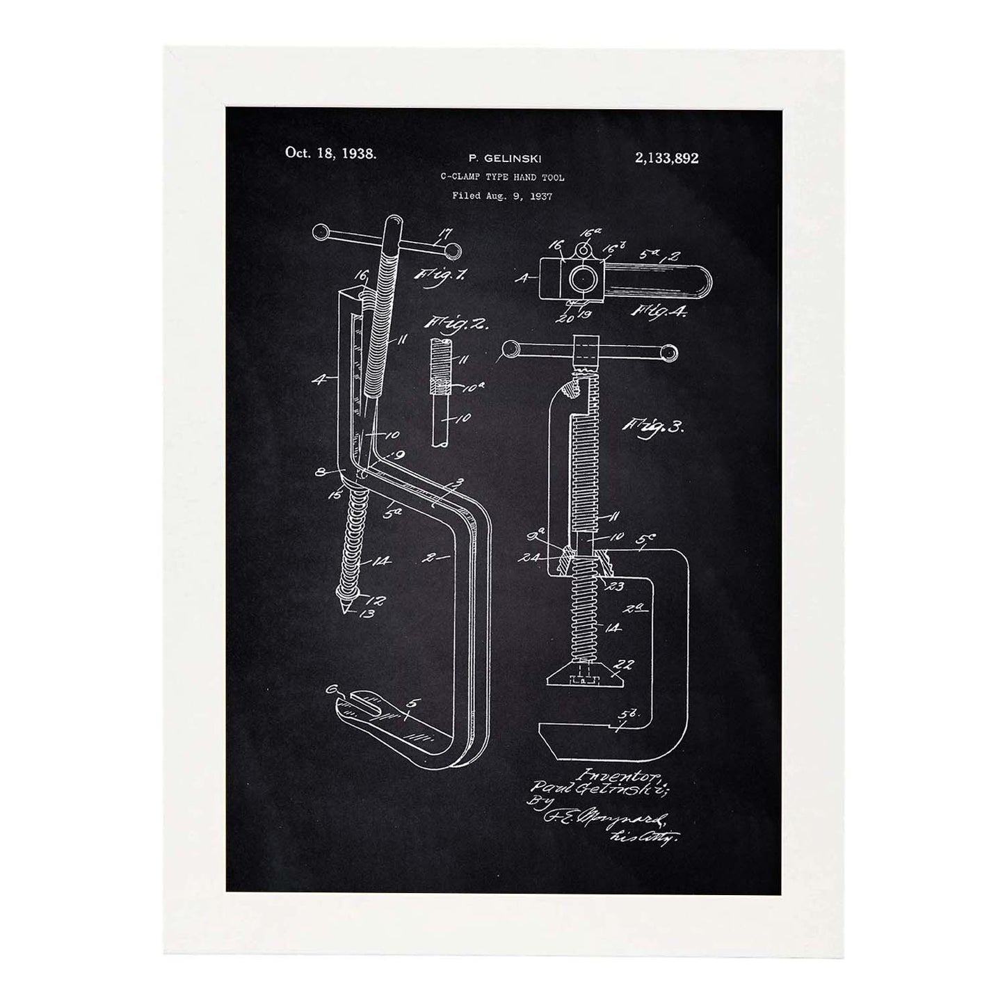 Poster con patente de Garra de mano. Lámina con diseño de patente antigua-Artwork-Nacnic-A4-Marco Blanco-Nacnic Estudio SL
