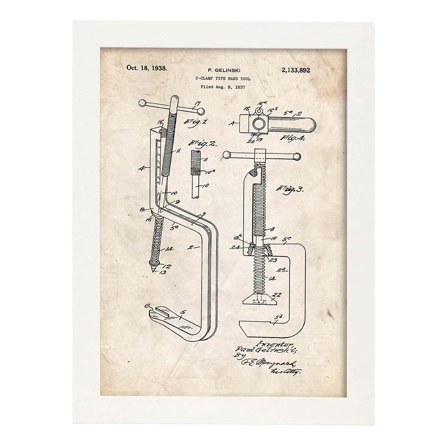 Poster con patente de Garra de mano. Lámina con diseño de patente antigua.-Artwork-Nacnic-A4-Marco Blanco-Nacnic Estudio SL