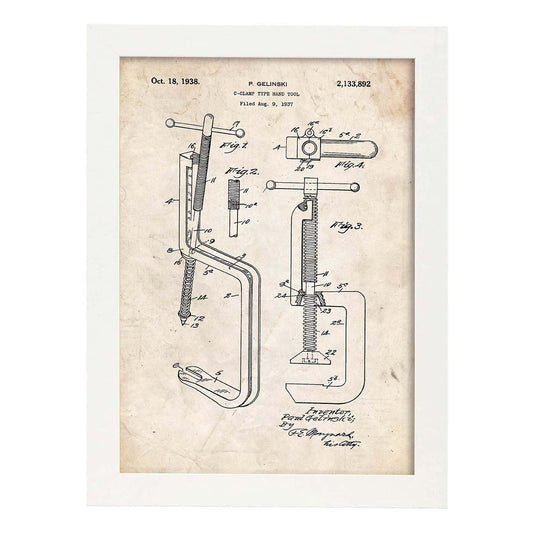 Poster con patente de Garra de mano. Lámina con diseño de patente antigua.-Artwork-Nacnic-A4-Marco Blanco-Nacnic Estudio SL