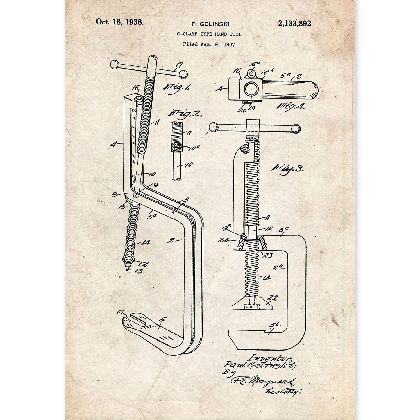 Poster con patente de Garra de mano. Lámina con diseño de patente antigua.-Artwork-Nacnic-A4-Sin marco-Nacnic Estudio SL