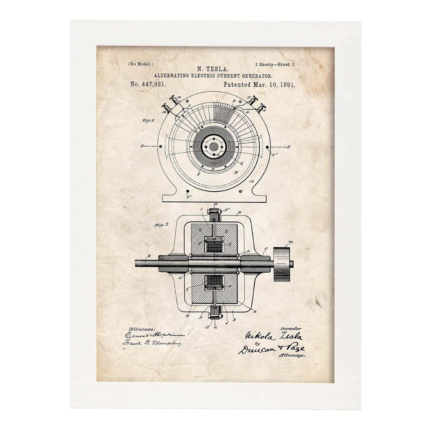 Poster con patente de Generador corriente alterna. Lámina con diseño de patente antigua.-Artwork-Nacnic-A3-Marco Blanco-Nacnic Estudio SL