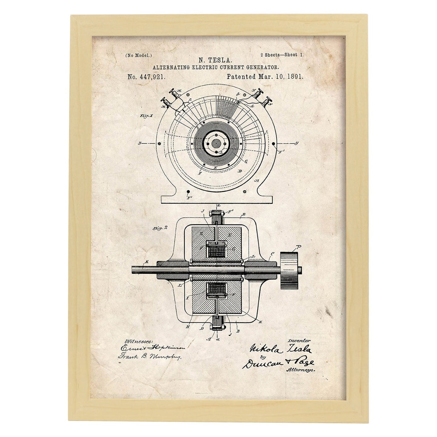 Poster con patente de Generador corriente alterna. Lámina con diseño de patente antigua.-Artwork-Nacnic-A3-Marco Madera clara-Nacnic Estudio SL