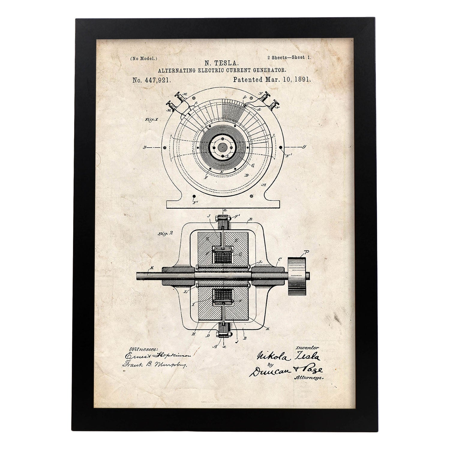 Poster con patente de Generador corriente alterna. Lámina con diseño de patente antigua.-Artwork-Nacnic-A3-Marco Negro-Nacnic Estudio SL