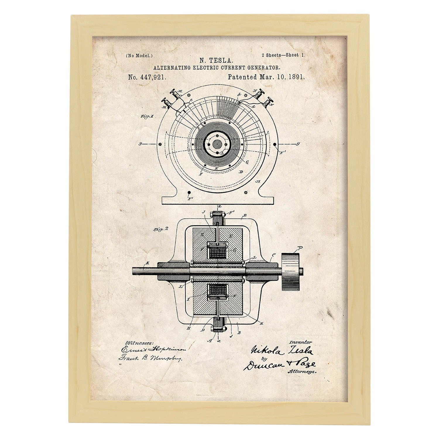 Poster con patente de Generador corriente alterna. Lámina con diseño de patente antigua.-Artwork-Nacnic-A4-Marco Madera clara-Nacnic Estudio SL