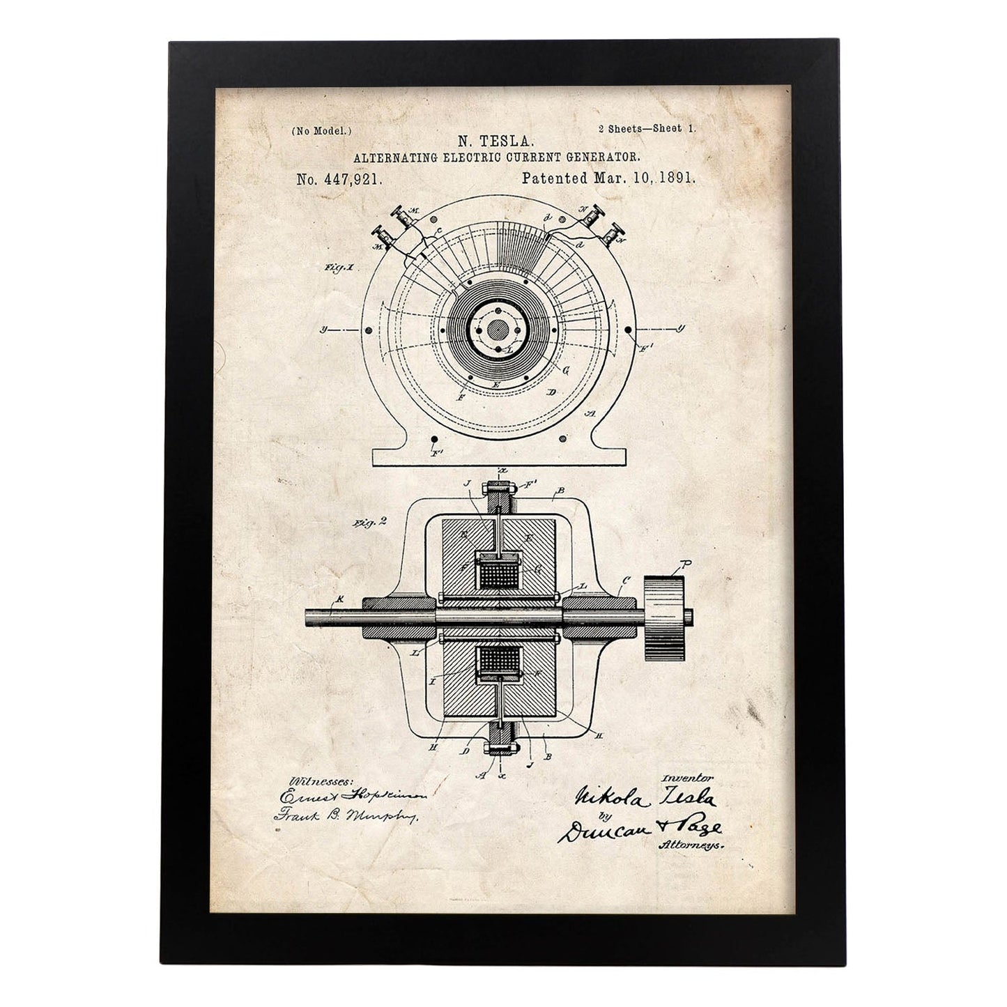 Poster con patente de Generador corriente alterna. Lámina con diseño de patente antigua.-Artwork-Nacnic-A4-Marco Negro-Nacnic Estudio SL