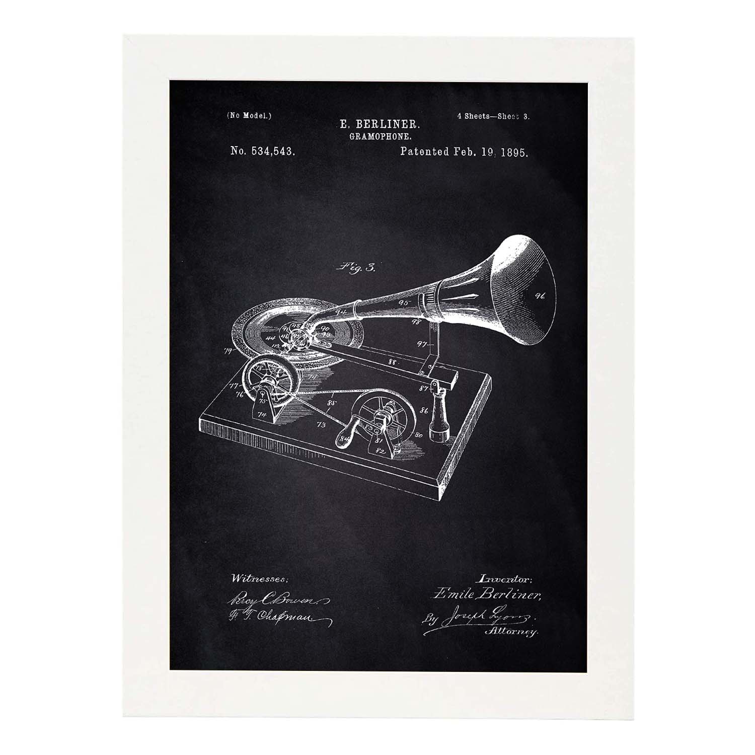Poster con patente de Gramofono. Lámina con diseño de patente antigua-Artwork-Nacnic-A3-Marco Blanco-Nacnic Estudio SL