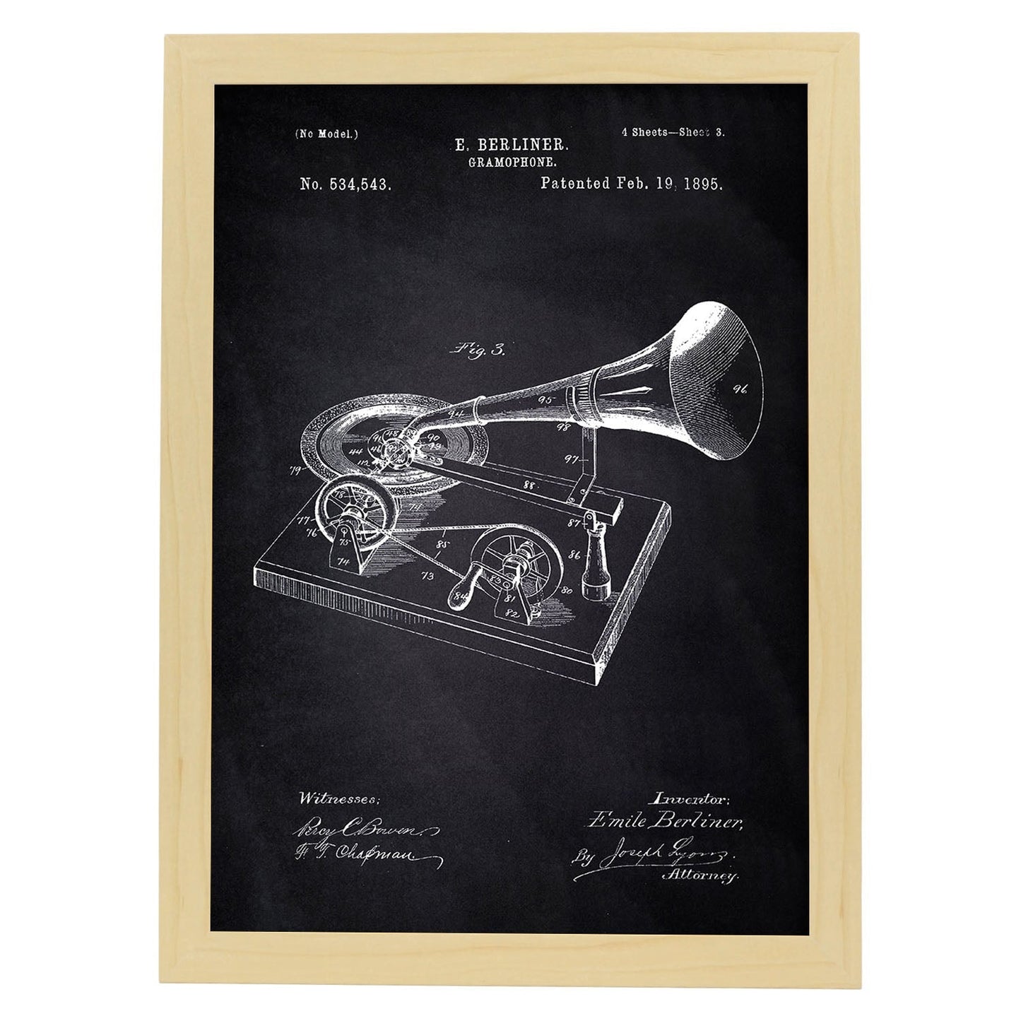 Poster con patente de Gramofono. Lámina con diseño de patente antigua-Artwork-Nacnic-A3-Marco Madera clara-Nacnic Estudio SL