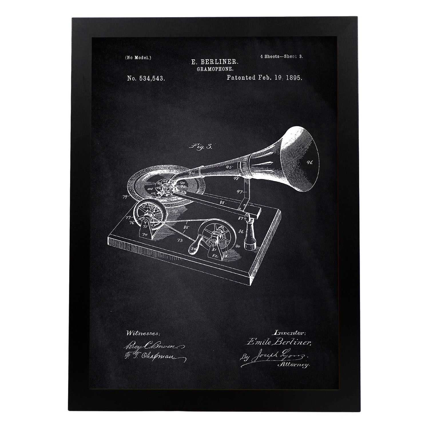 Poster con patente de Gramofono. Lámina con diseño de patente antigua-Artwork-Nacnic-A3-Marco Negro-Nacnic Estudio SL