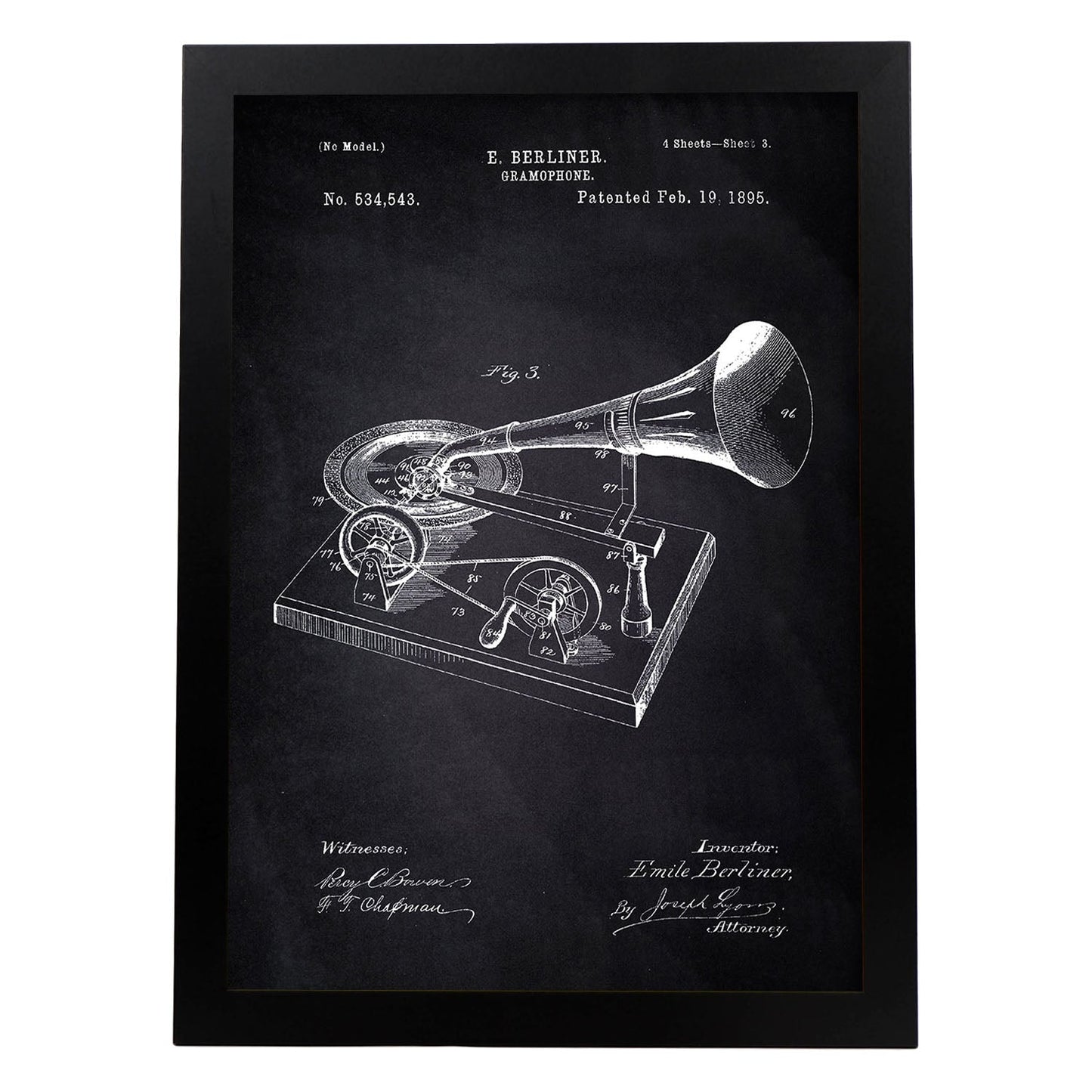 Poster con patente de Gramofono. Lámina con diseño de patente antigua-Artwork-Nacnic-A4-Marco Negro-Nacnic Estudio SL