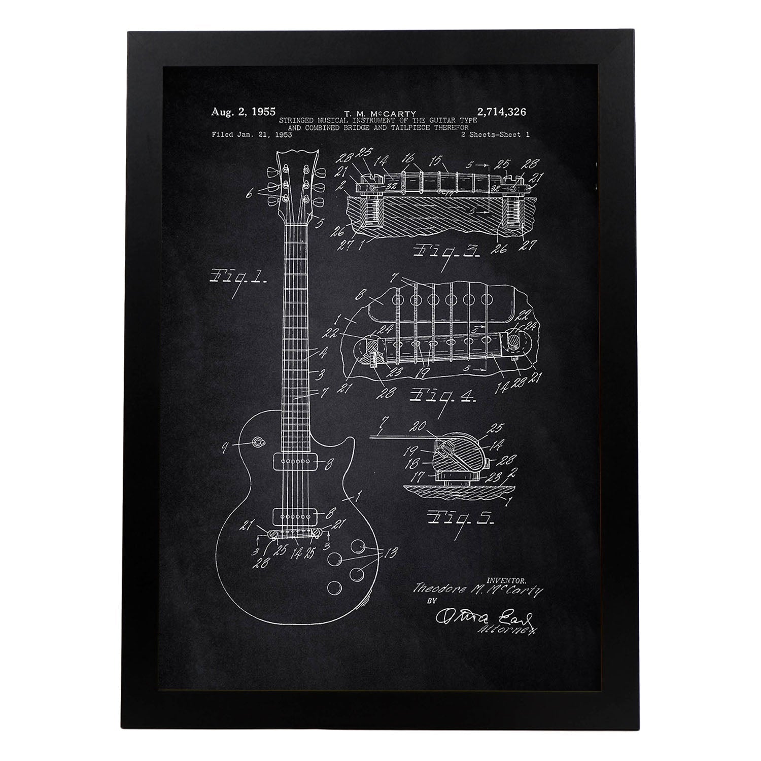 Poster con patente de Guitarra. Lámina con diseño de patente antigua-Artwork-Nacnic-A3-Marco Negro-Nacnic Estudio SL