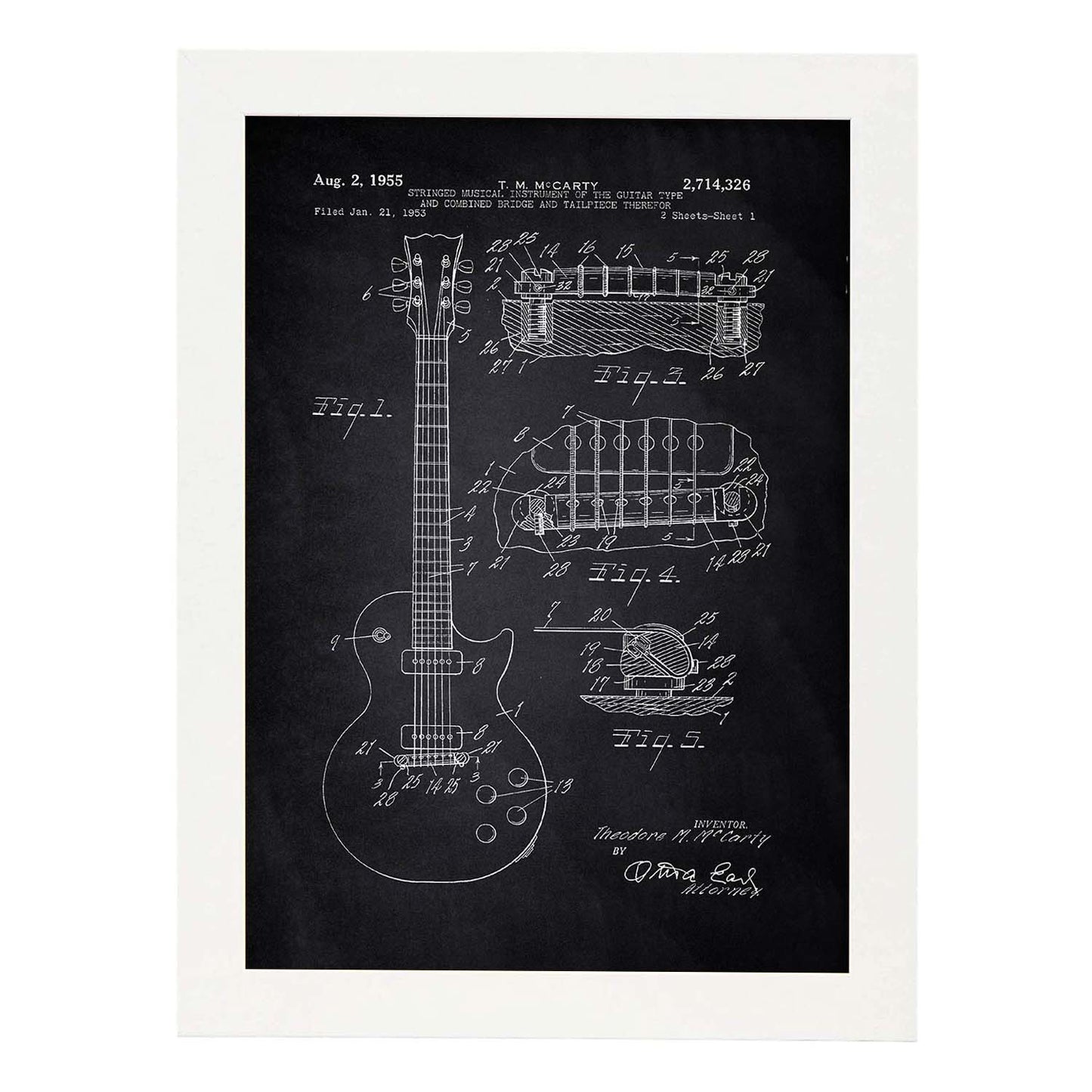 Poster con patente de Guitarra. Lámina con diseño de patente antigua-Artwork-Nacnic-A4-Marco Blanco-Nacnic Estudio SL