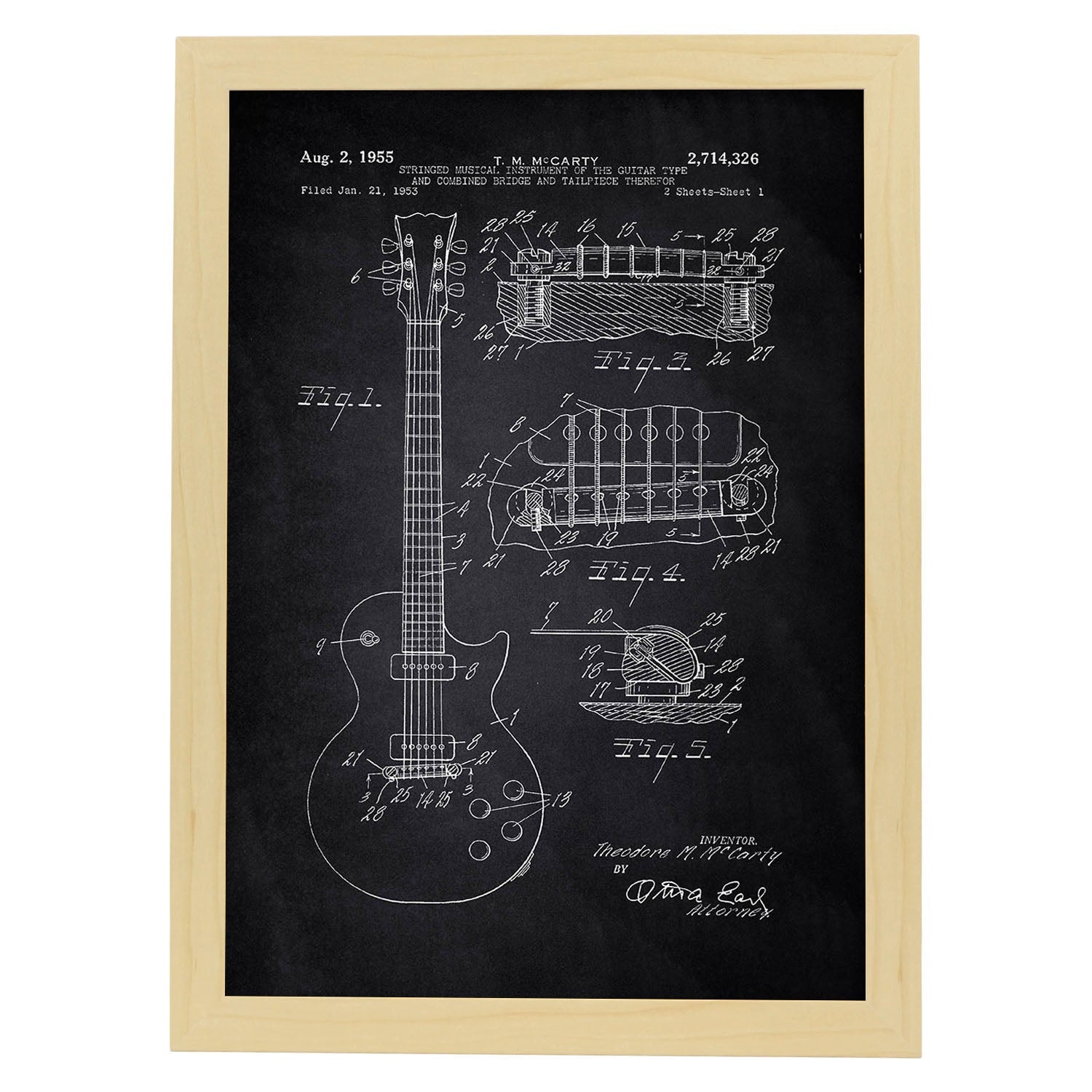 Poster con patente de Guitarra. Lámina con diseño de patente antigua-Artwork-Nacnic-A4-Marco Madera clara-Nacnic Estudio SL