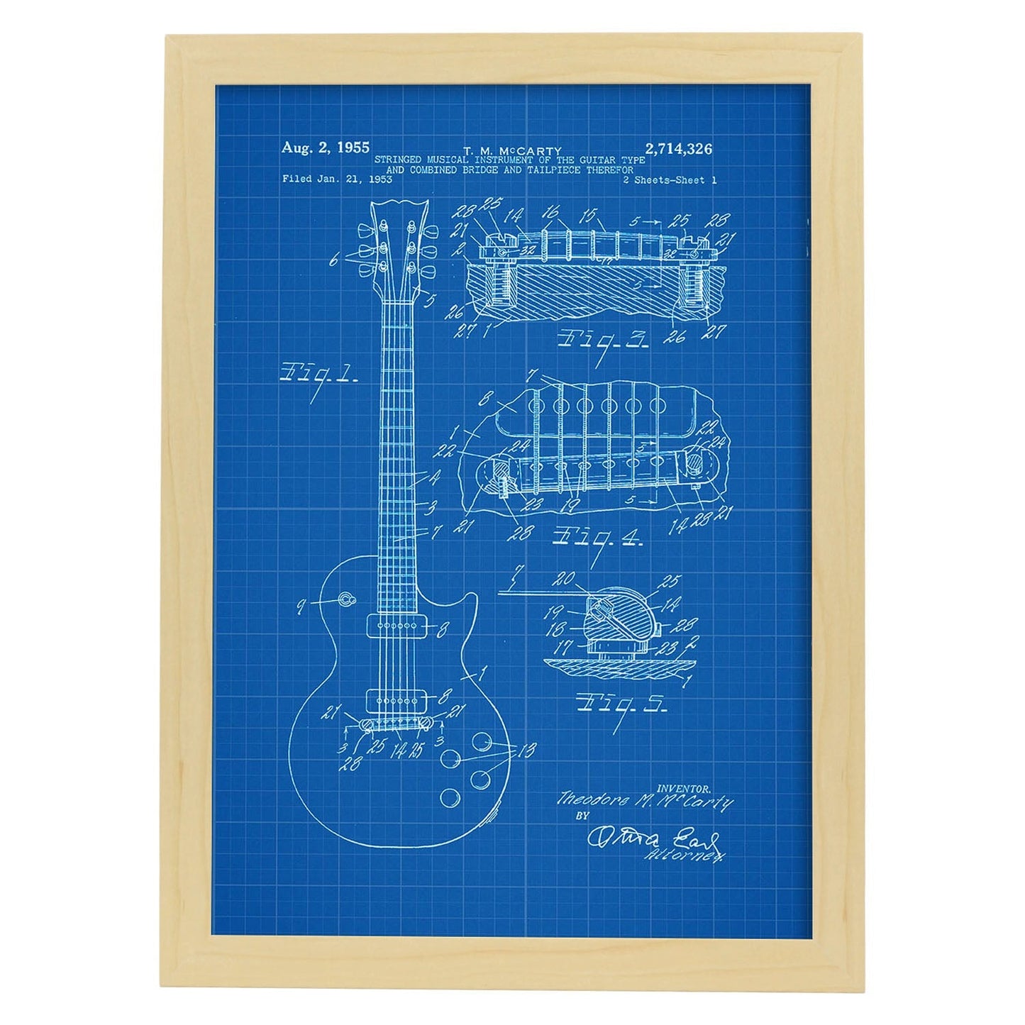 Poster con patente de Guitarra. Lámina con diseño de patente antigua-Artwork-Nacnic-A4-Marco Madera clara-Nacnic Estudio SL