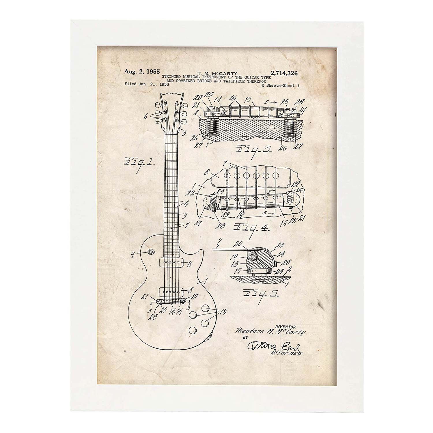 Poster con patente de Guitarra. Lámina con diseño de patente antigua.-Artwork-Nacnic-A3-Marco Blanco-Nacnic Estudio SL