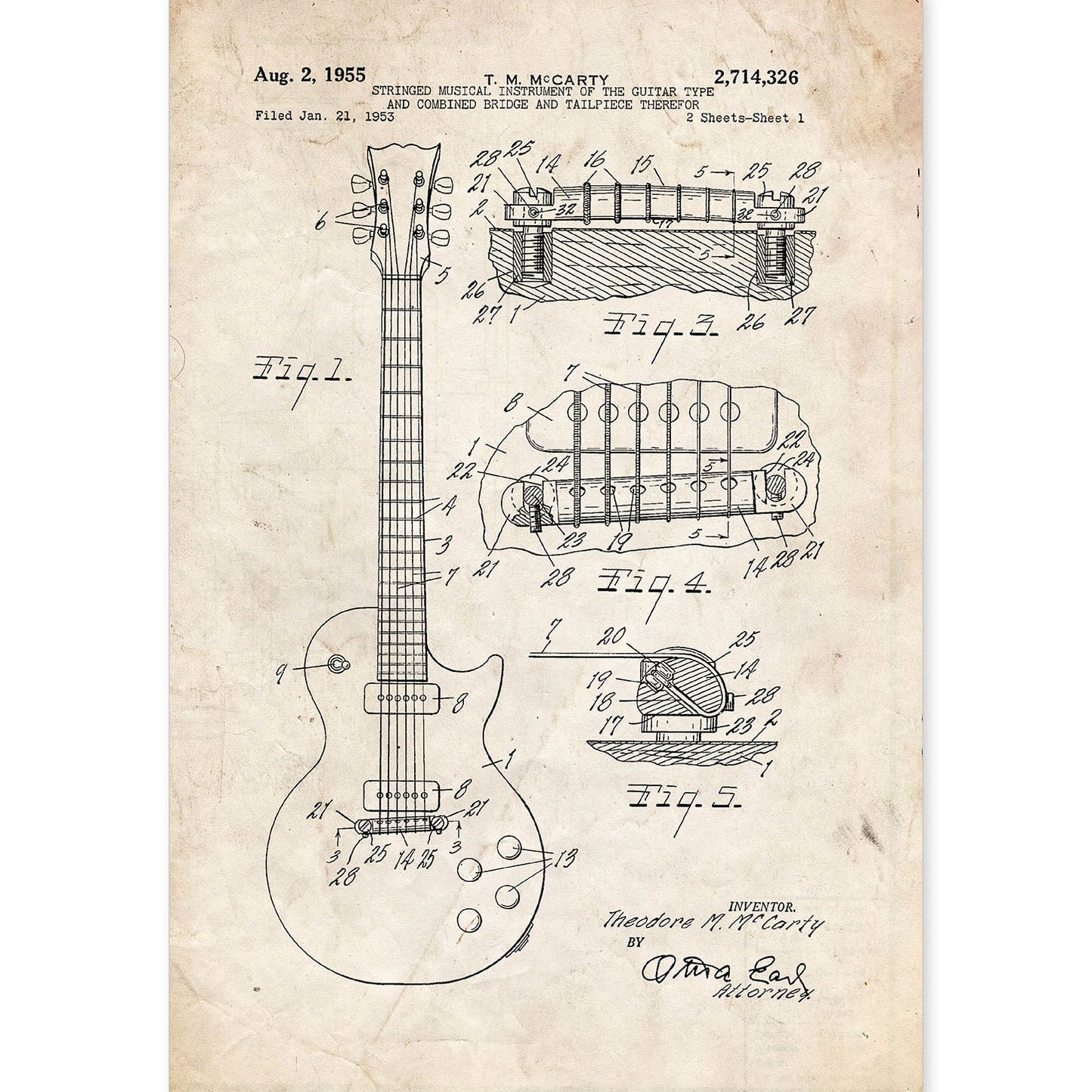 Poster con patente de Guitarra. Lámina con diseño de patente antigua.-Artwork-Nacnic-A4-Sin marco-Nacnic Estudio SL