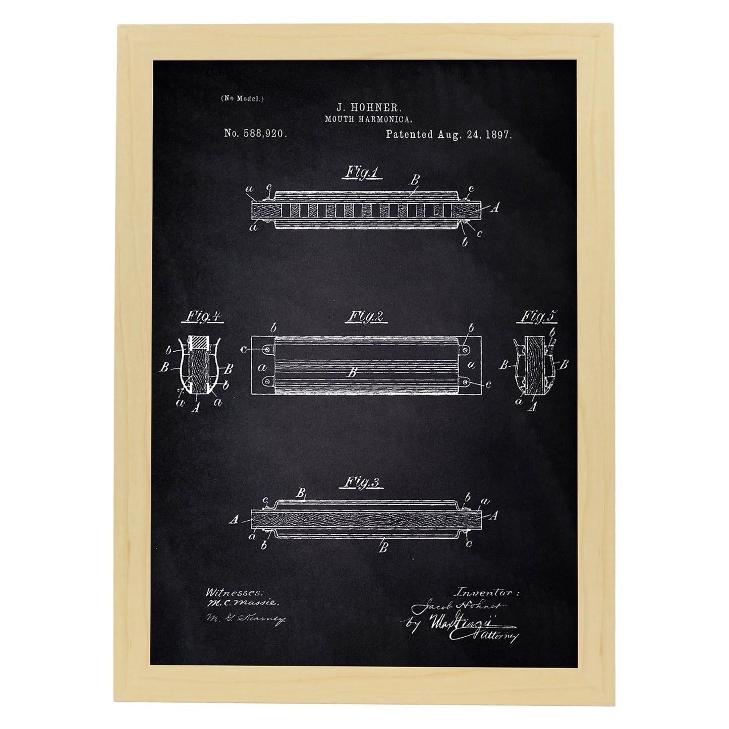 Poster con patente de Harmonica 2. Lámina con diseño de patente antigua-Artwork-Nacnic-A3-Marco Madera clara-Nacnic Estudio SL