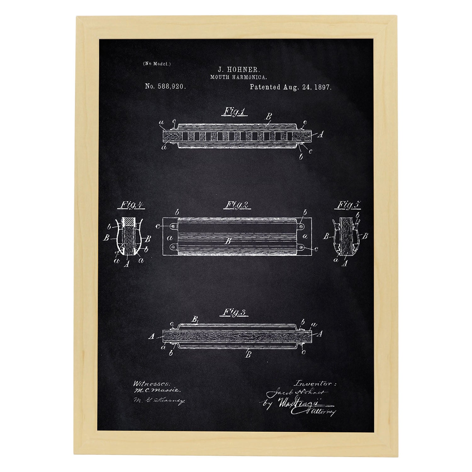 Poster con patente de Harmonica 2. Lámina con diseño de patente antigua-Artwork-Nacnic-A3-Marco Madera clara-Nacnic Estudio SL