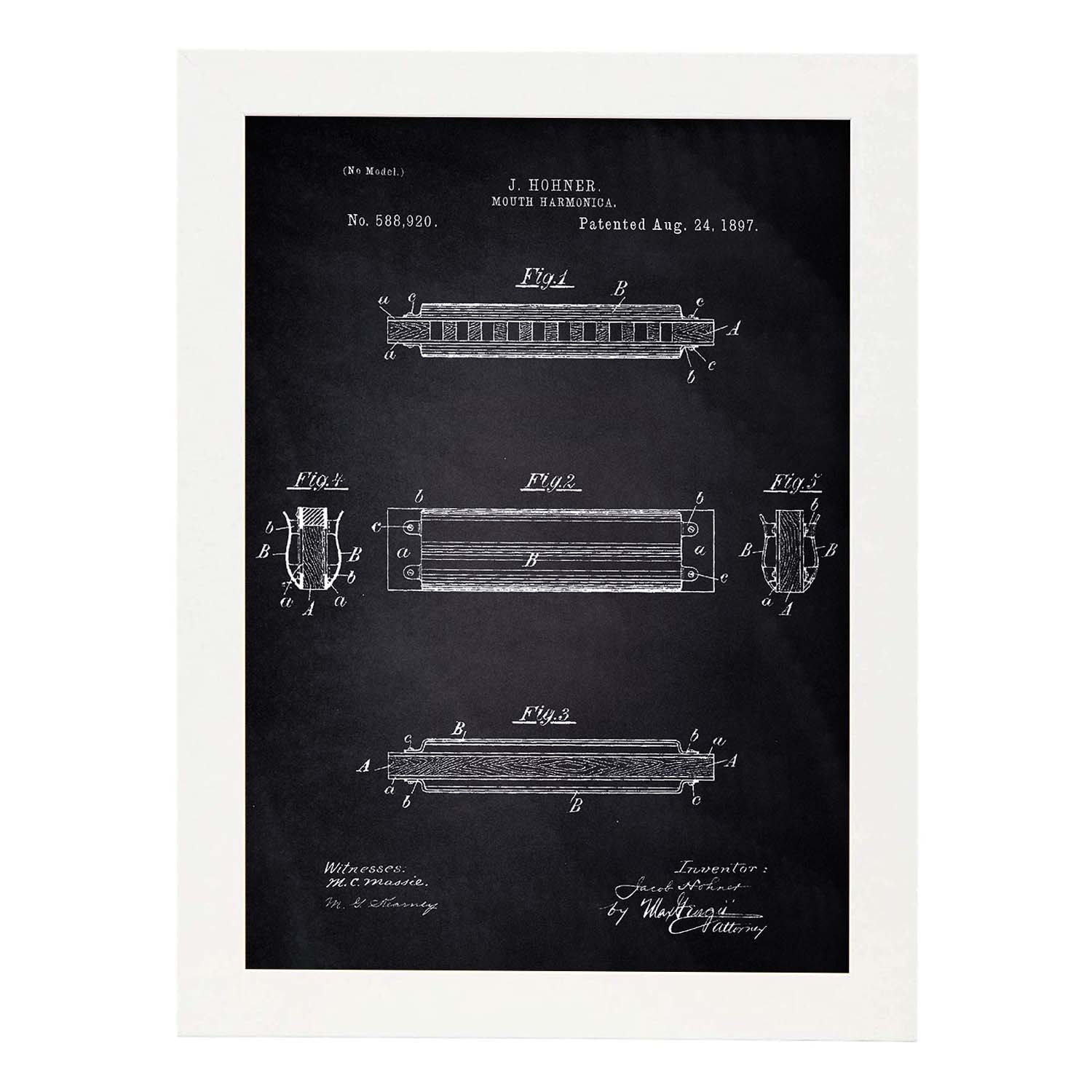 Poster con patente de Harmonica 2. Lámina con diseño de patente antigua-Artwork-Nacnic-A4-Marco Blanco-Nacnic Estudio SL