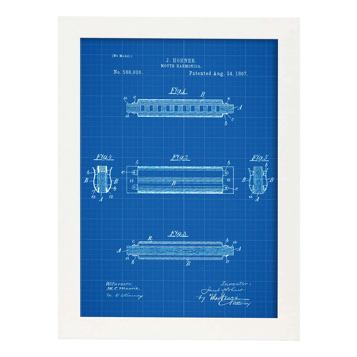 Poster con patente de Harmonica 2. Lámina con diseño de patente antigua-Artwork-Nacnic-A4-Marco Blanco-Nacnic Estudio SL