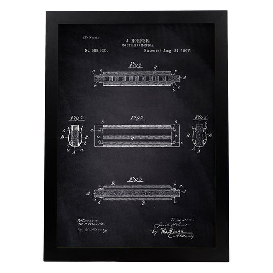 Poster con patente de Harmonica 2. Lámina con diseño de patente antigua-Artwork-Nacnic-A4-Marco Negro-Nacnic Estudio SL