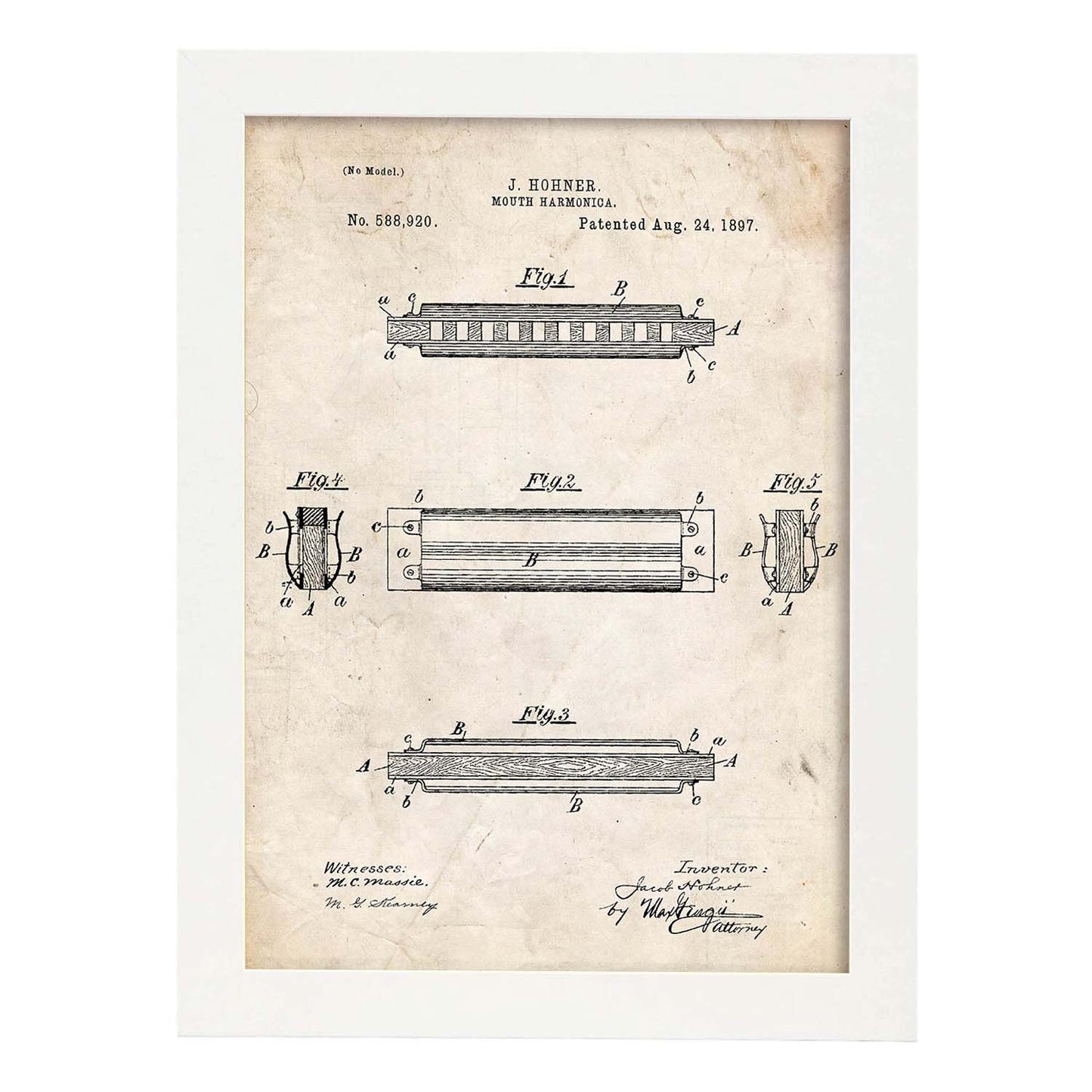 Poster con patente de Harmonica 2. Lámina con diseño de patente antigua.-Artwork-Nacnic-A3-Marco Blanco-Nacnic Estudio SL