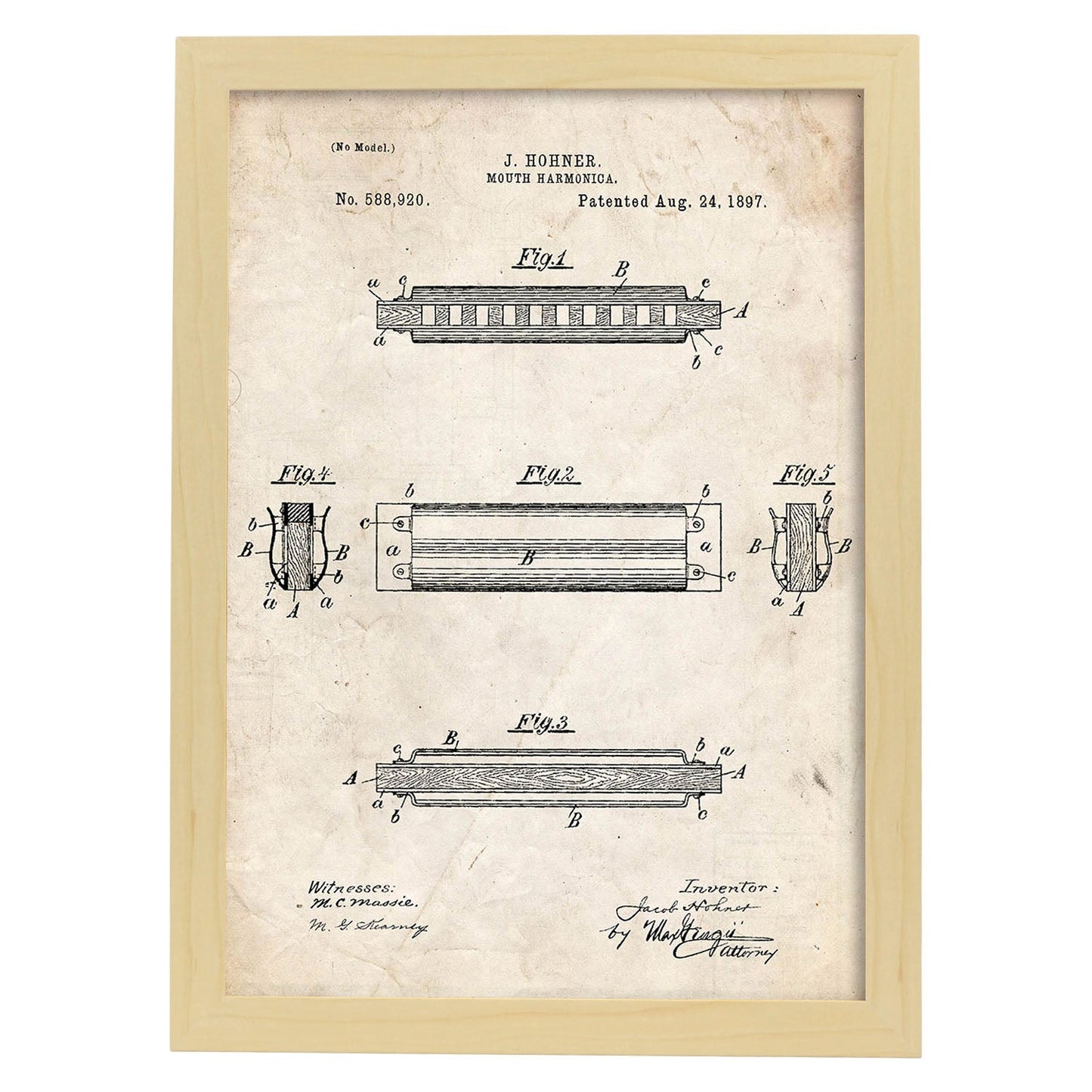 Poster con patente de Harmonica 2. Lámina con diseño de patente antigua.-Artwork-Nacnic-A3-Marco Madera clara-Nacnic Estudio SL
