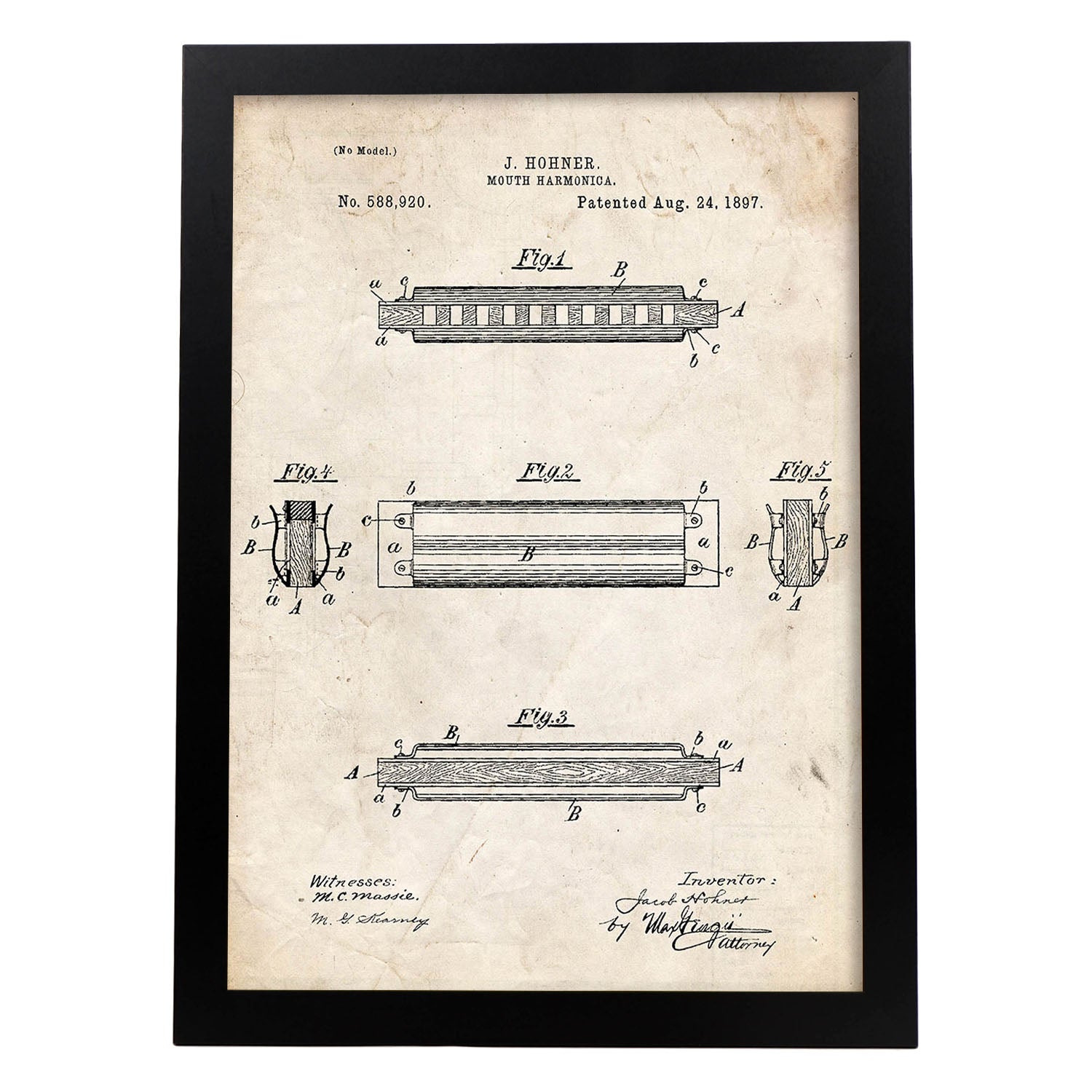 Poster con patente de Harmonica 2. Lámina con diseño de patente antigua.-Artwork-Nacnic-A3-Marco Negro-Nacnic Estudio SL