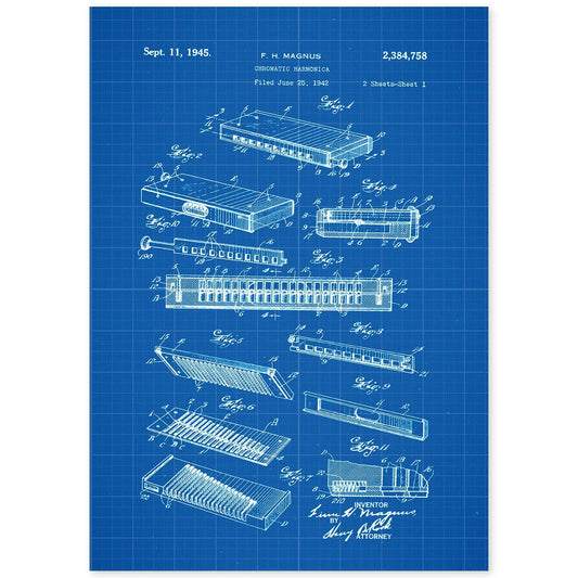 Poster con patente de Harmonica. Lámina con diseño de patente antigua-Artwork-Nacnic-A4-Sin marco-Nacnic Estudio SL