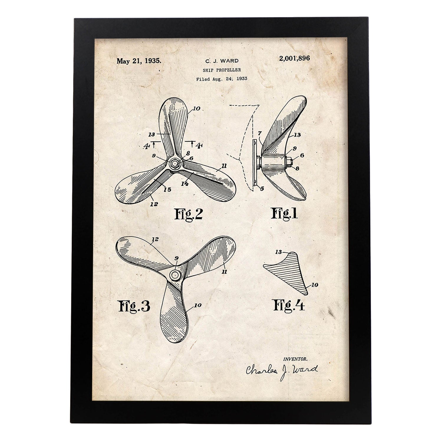 Poster con patente de Helice de barco. Lámina con diseño de patente antigua.-Artwork-Nacnic-A4-Marco Negro-Nacnic Estudio SL