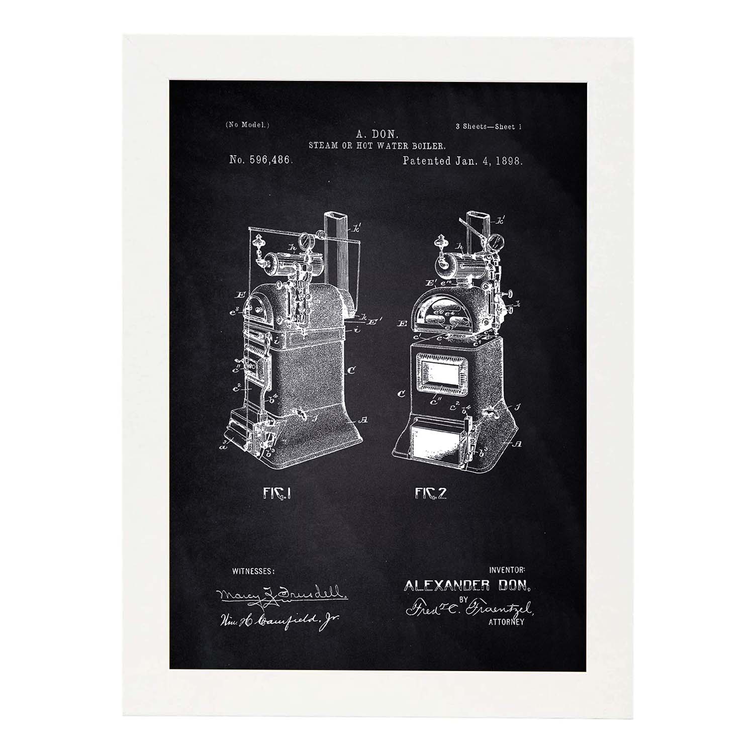 Poster con patente de Hervidor de agua. Lámina con diseño de patente antigua-Artwork-Nacnic-A3-Marco Blanco-Nacnic Estudio SL