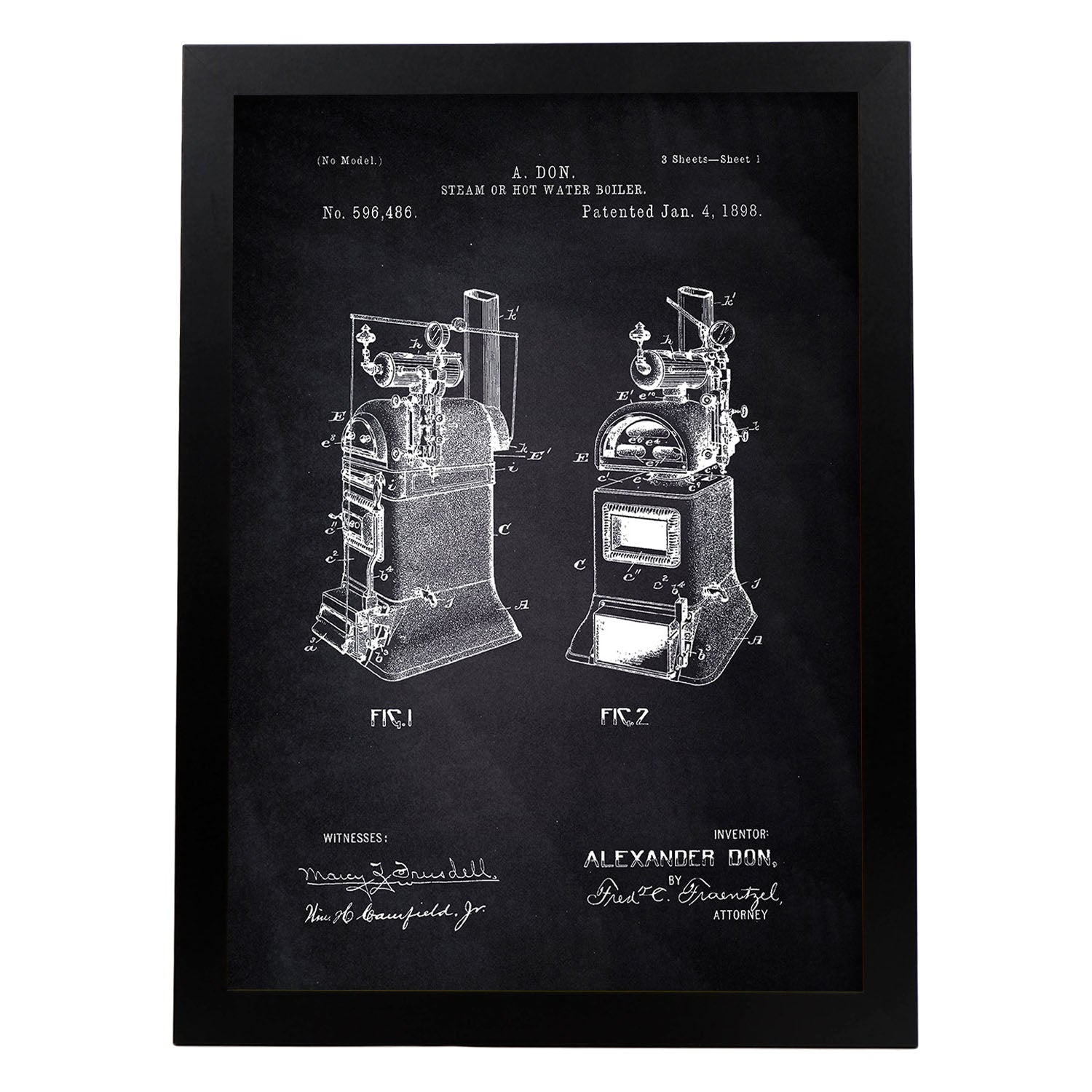 Poster con patente de Hervidor de agua. Lámina con diseño de patente antigua-Artwork-Nacnic-A4-Marco Negro-Nacnic Estudio SL