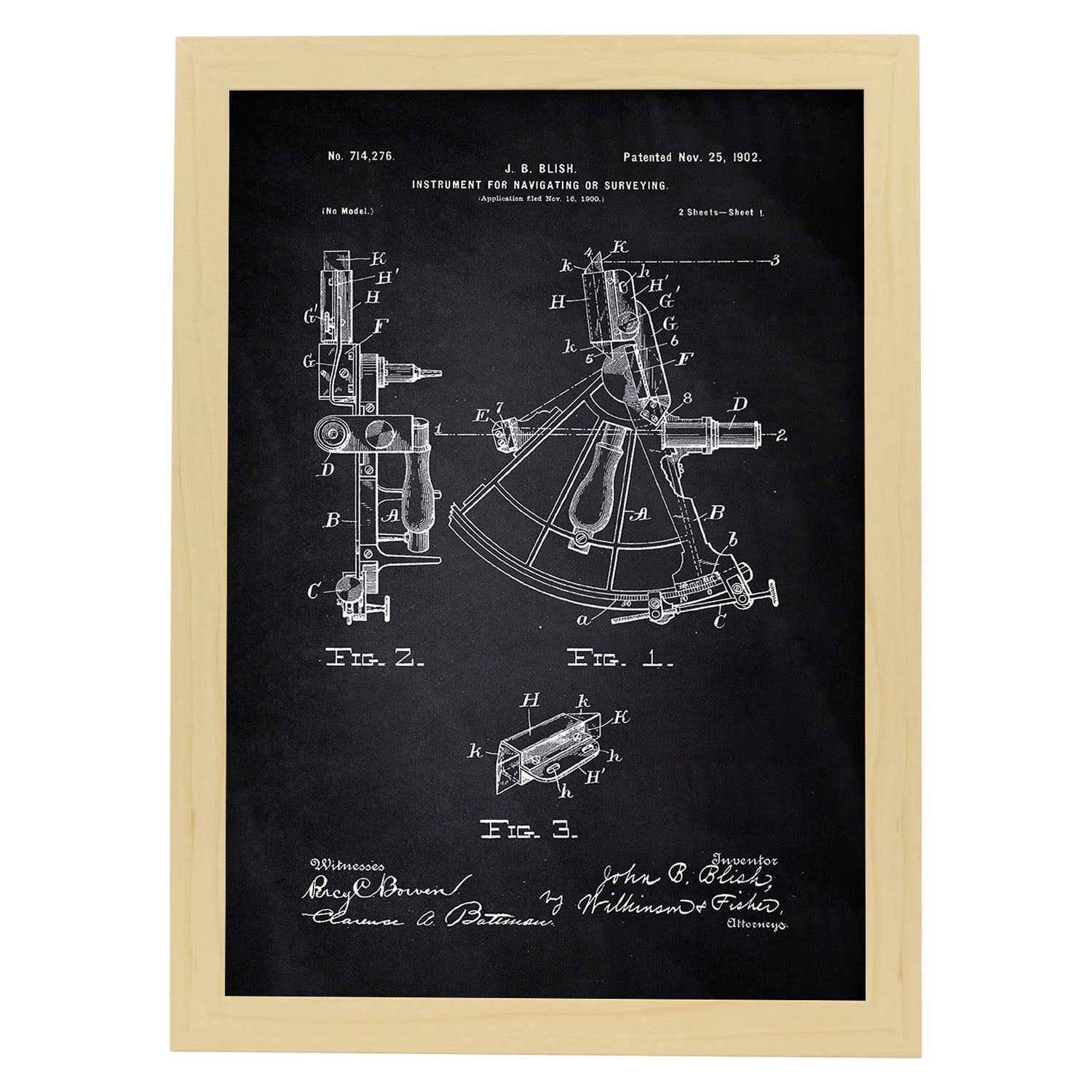 Poster con patente de Instrumento de navegacion 1. Lámina con diseño de patente antigua-Artwork-Nacnic-A3-Marco Madera clara-Nacnic Estudio SL