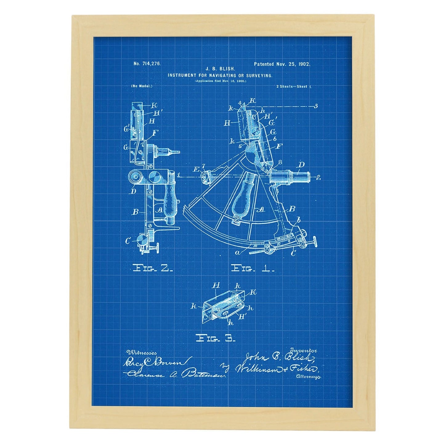 Poster con patente de Instrumento de navegacion 1. Lámina con diseño de patente antigua-Artwork-Nacnic-A4-Marco Madera clara-Nacnic Estudio SL