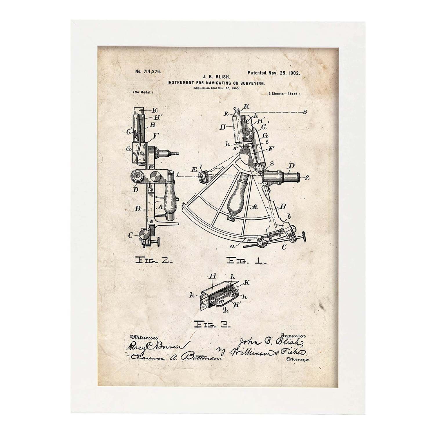 Poster con patente de Instrumento de navegacion 1. Lámina con diseño de patente antigua.-Artwork-Nacnic-A3-Marco Blanco-Nacnic Estudio SL