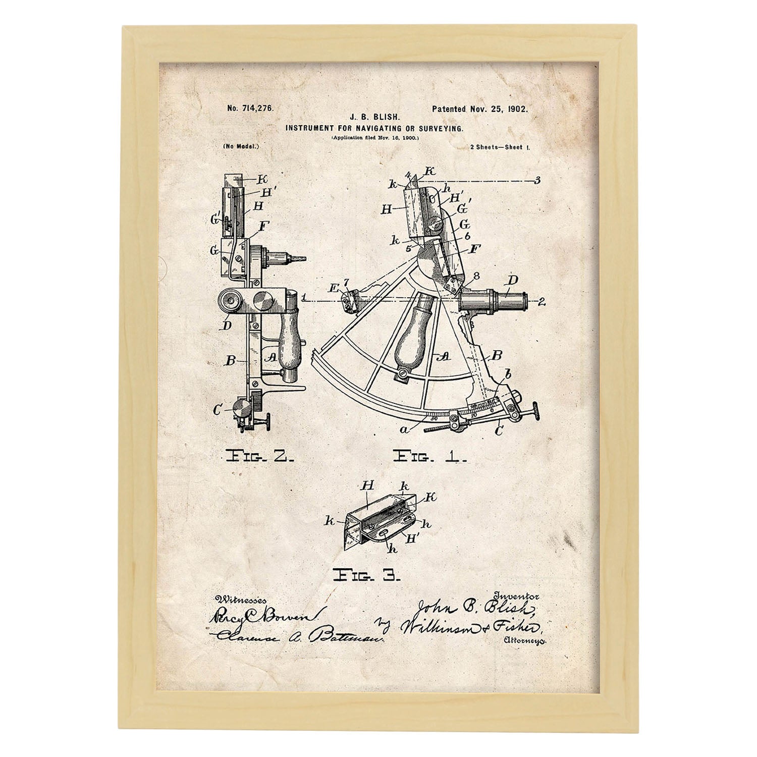 Poster con patente de Instrumento de navegacion 1. Lámina con diseño de patente antigua.-Artwork-Nacnic-A3-Marco Madera clara-Nacnic Estudio SL