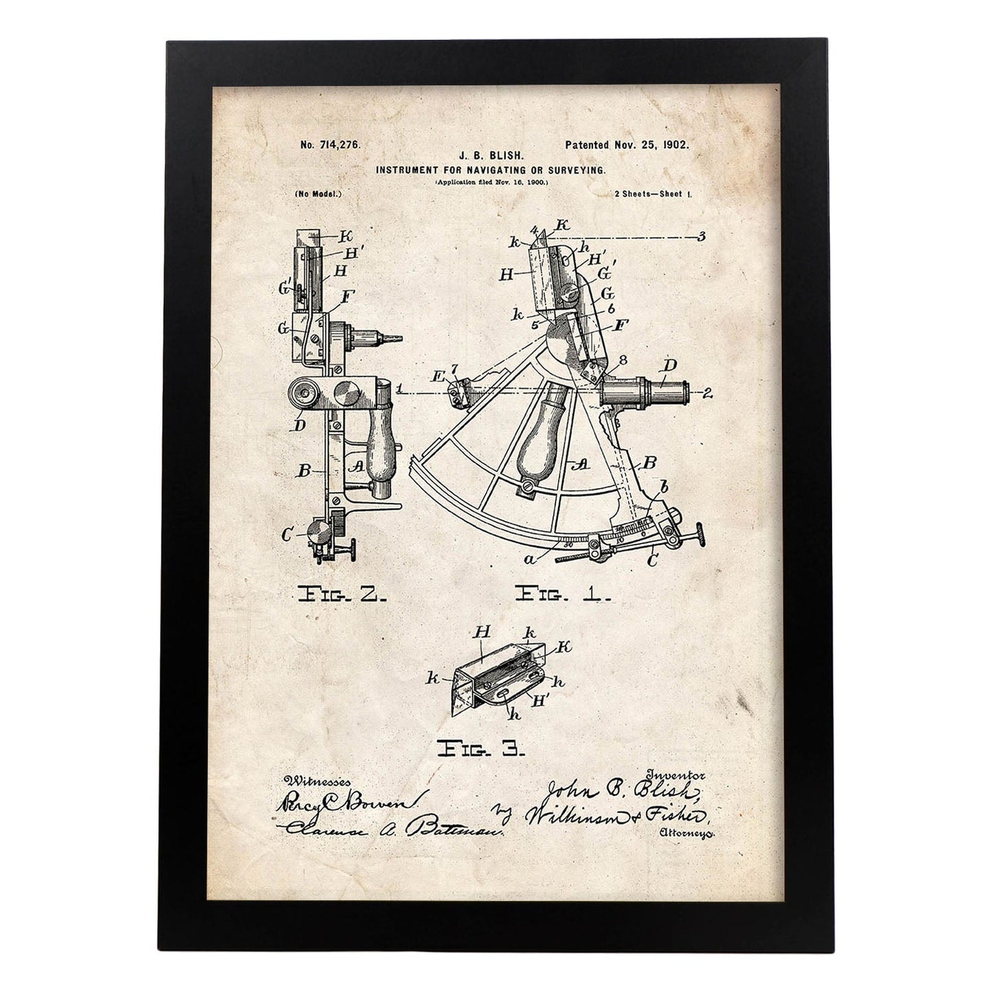 Poster con patente de Instrumento de navegacion 1. Lámina con diseño de patente antigua.-Artwork-Nacnic-A3-Marco Negro-Nacnic Estudio SL
