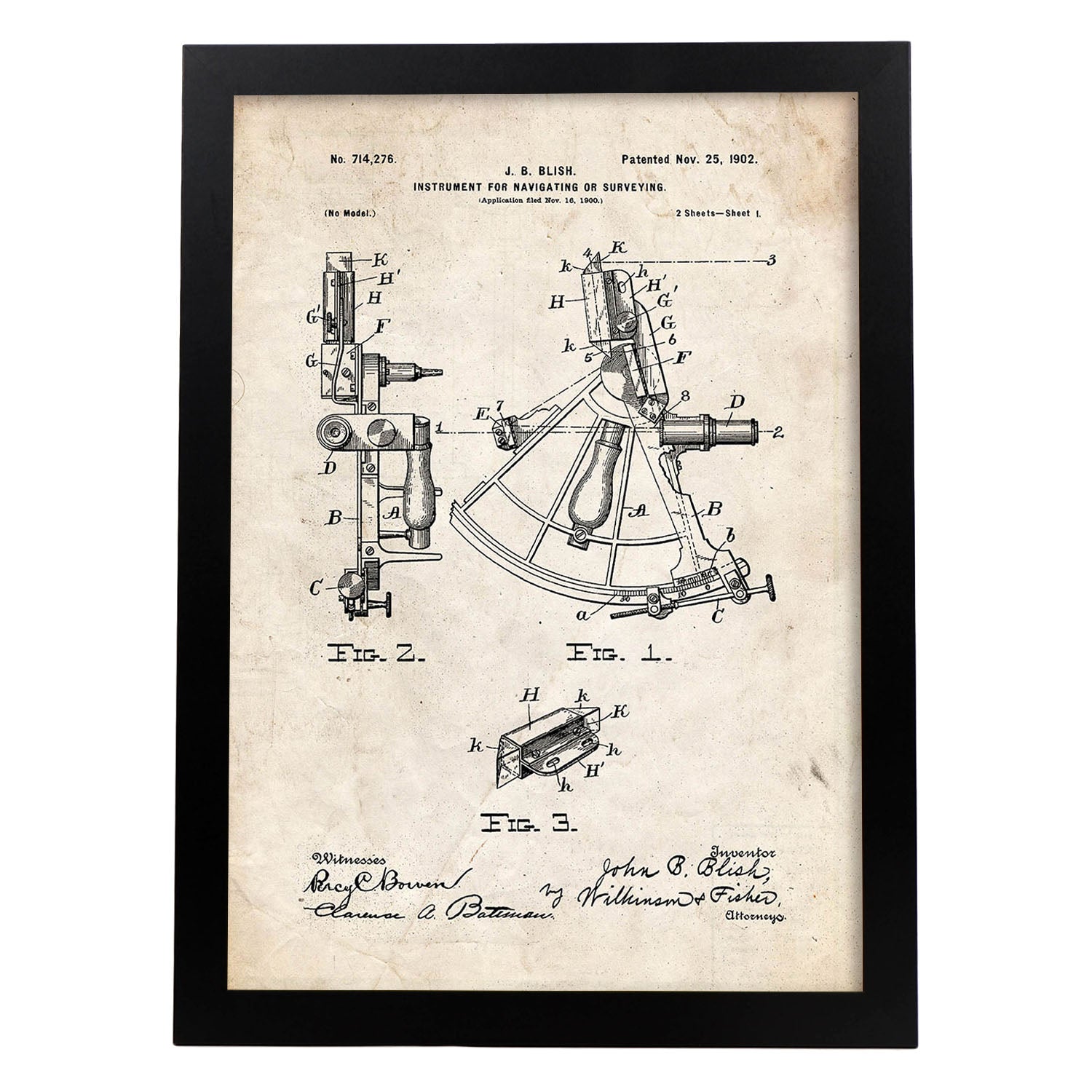Poster con patente de Instrumento de navegacion 1. Lámina con diseño de patente antigua.-Artwork-Nacnic-A3-Marco Negro-Nacnic Estudio SL