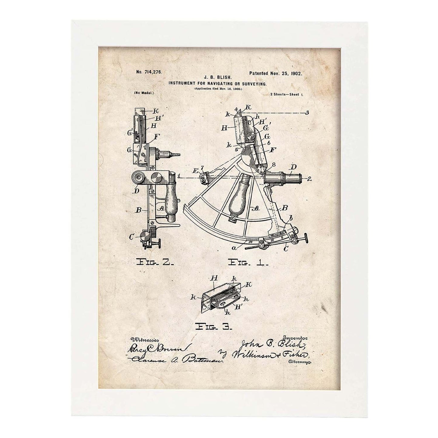 Poster con patente de Instrumento de navegacion 1. Lámina con diseño de patente antigua.-Artwork-Nacnic-A4-Marco Blanco-Nacnic Estudio SL