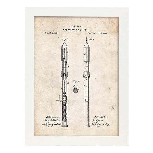 Poster con patente de Jeringuilla. Lámina con diseño de patente antigua.-Artwork-Nacnic-A4-Marco Blanco-Nacnic Estudio SL