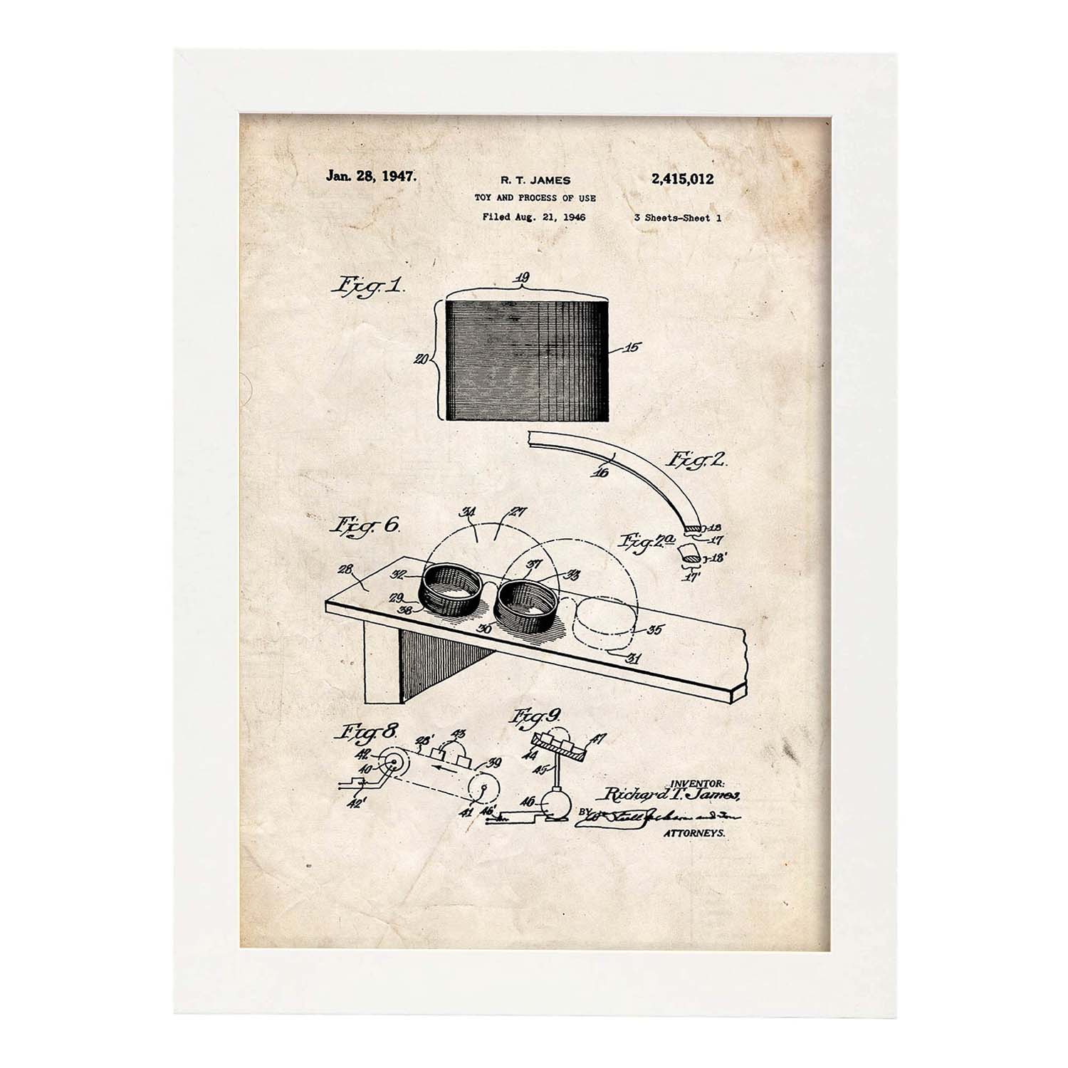 Poster con patente de Juguete de muelle 2. Lámina con diseño de patente antigua.-Artwork-Nacnic-A3-Marco Blanco-Nacnic Estudio SL