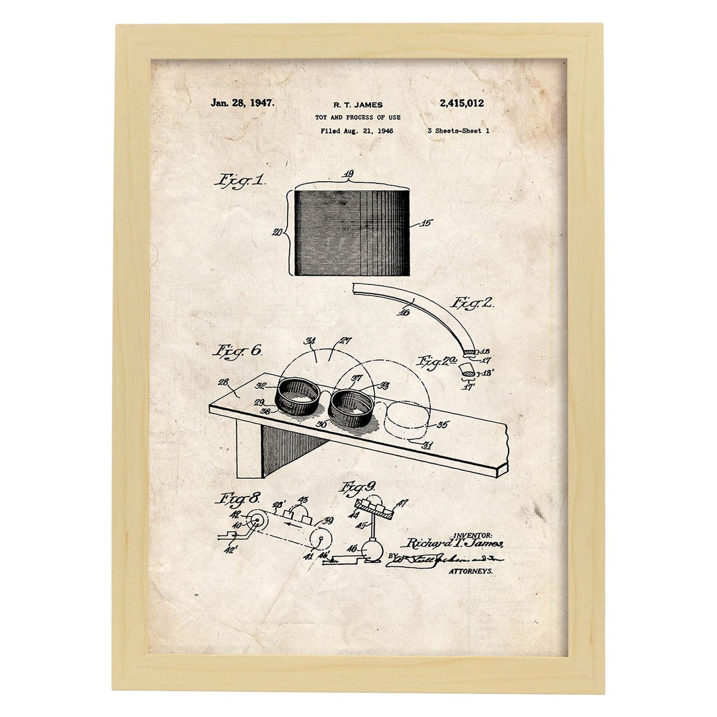 Poster con patente de Juguete de muelle 2. Lámina con diseño de patente antigua.-Artwork-Nacnic-A3-Marco Madera clara-Nacnic Estudio SL