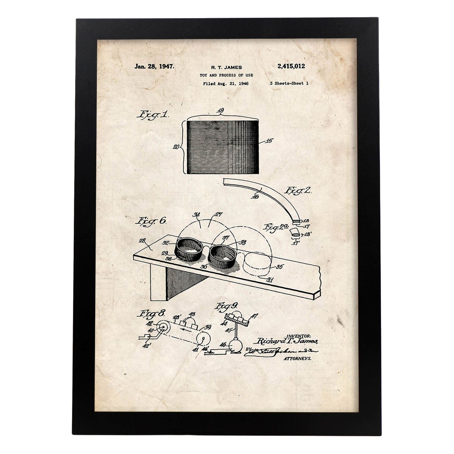 Poster con patente de Juguete de muelle 2. Lámina con diseño de patente antigua.-Artwork-Nacnic-A3-Marco Negro-Nacnic Estudio SL