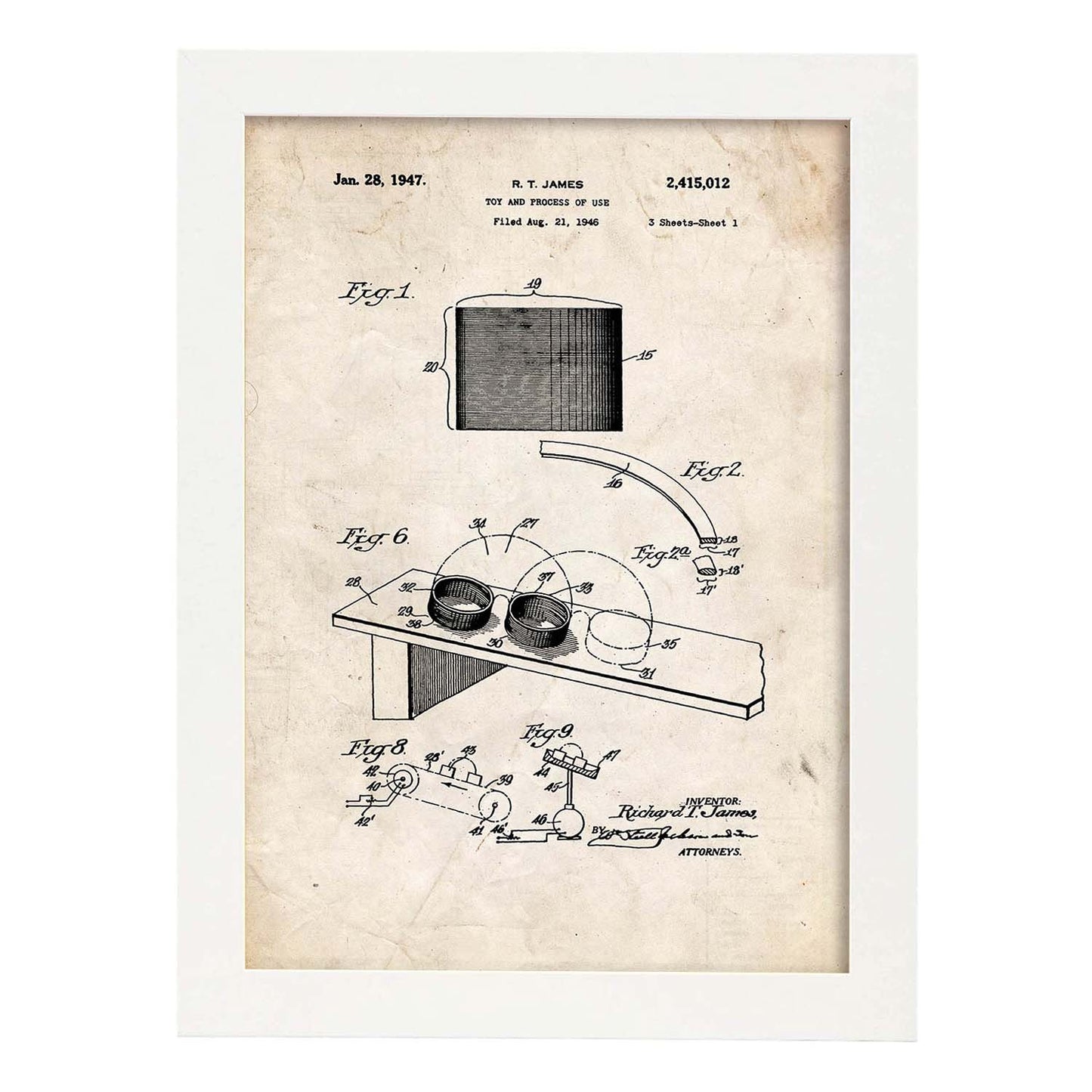 Poster con patente de Juguete de muelle 2. Lámina con diseño de patente antigua.-Artwork-Nacnic-A4-Marco Blanco-Nacnic Estudio SL