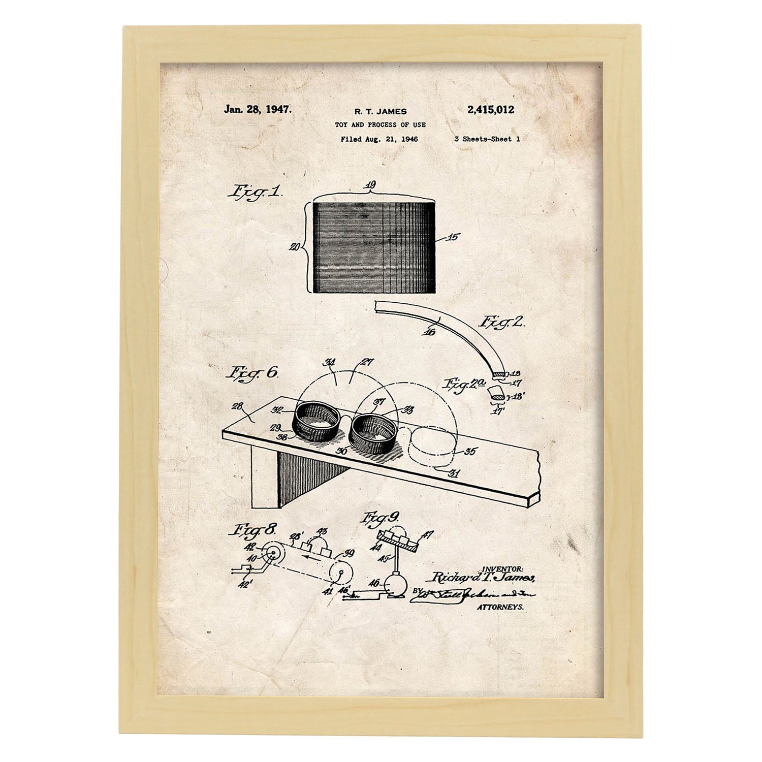 Poster con patente de Juguete de muelle 2. Lámina con diseño de patente antigua.-Artwork-Nacnic-A4-Marco Madera clara-Nacnic Estudio SL