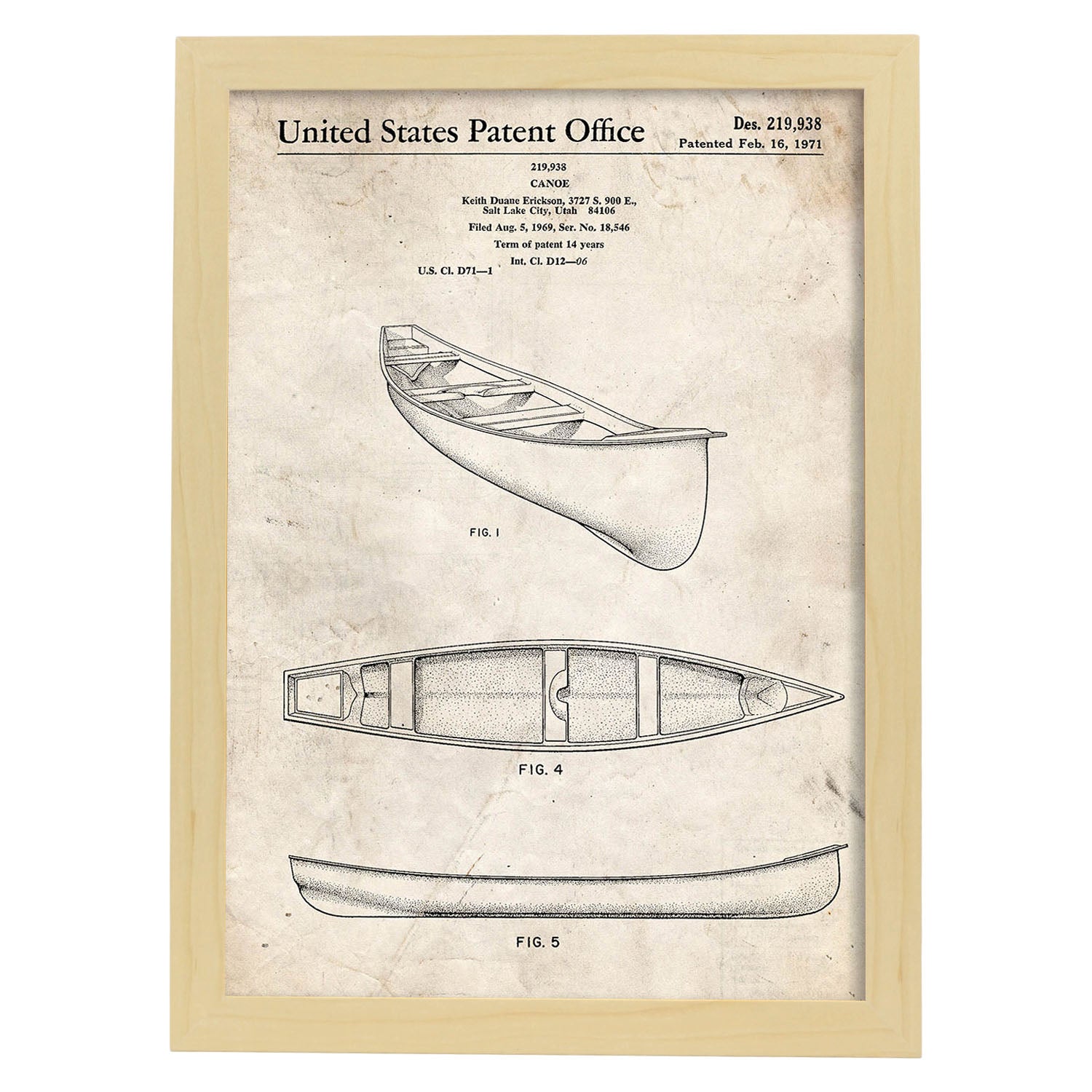 Poster con patente de Kayak 1. Lámina con diseño de patente antigua.-Artwork-Nacnic-A3-Marco Madera clara-Nacnic Estudio SL