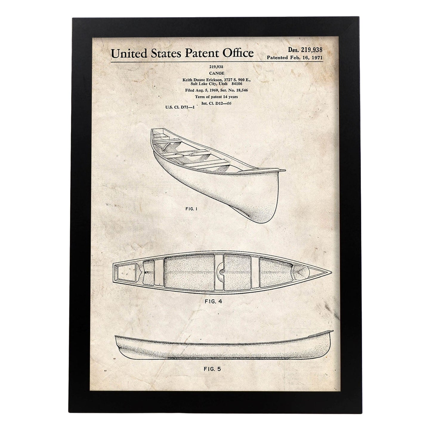 Poster con patente de Kayak 1. Lámina con diseño de patente antigua.-Artwork-Nacnic-A4-Marco Negro-Nacnic Estudio SL