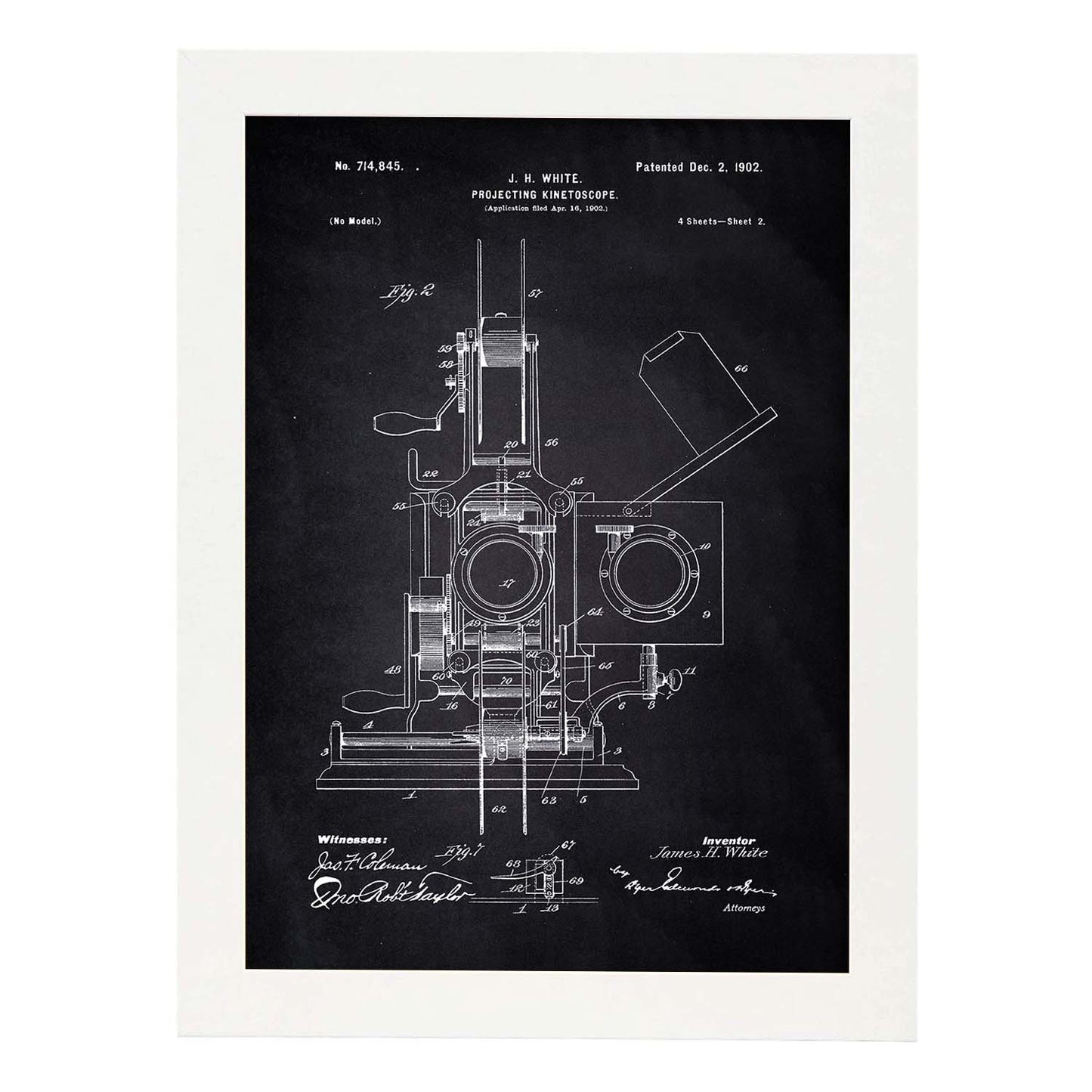 Poster con patente de Kinetoscopio 2. Lámina con diseño de patente antigua-Artwork-Nacnic-A3-Marco Blanco-Nacnic Estudio SL
