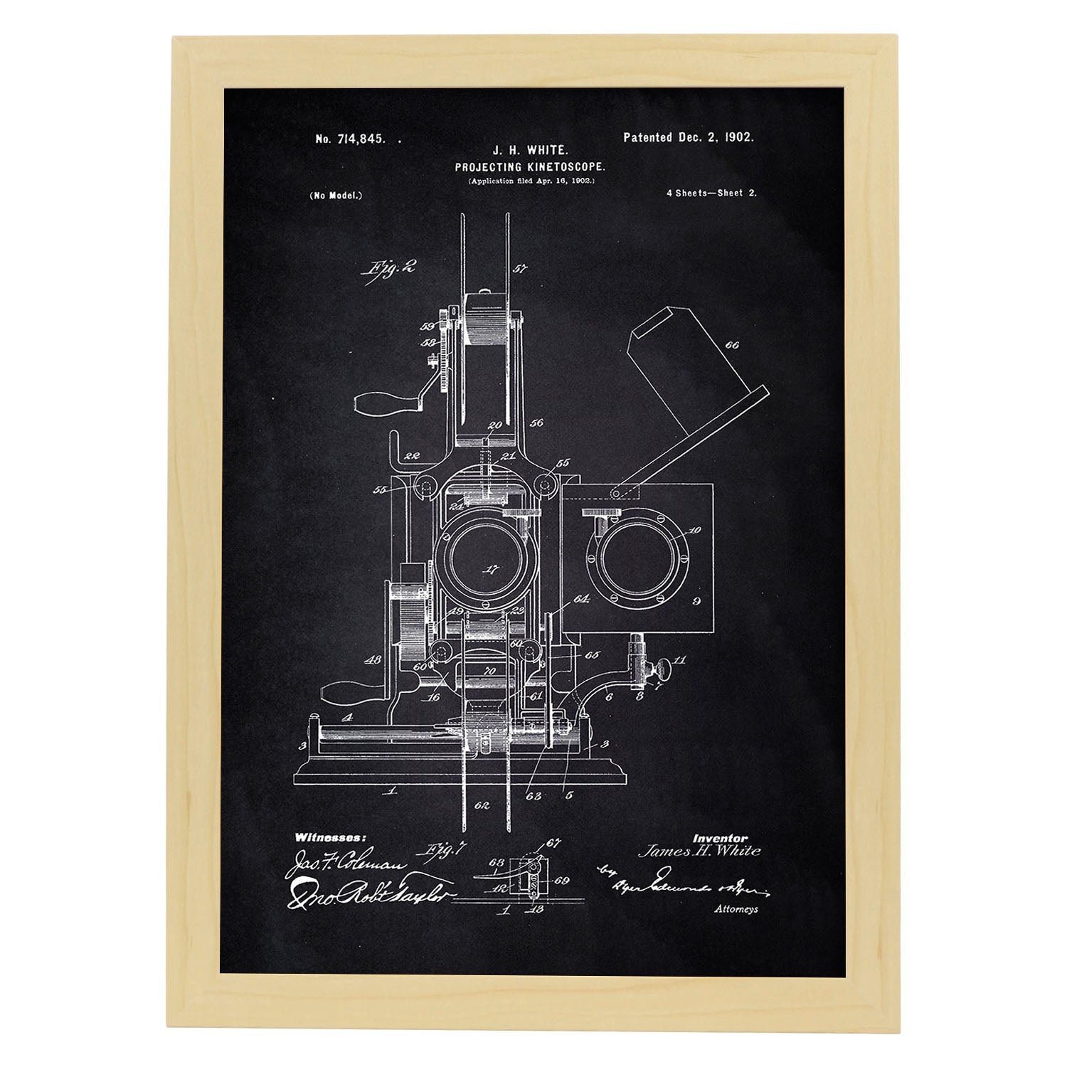 Poster con patente de Kinetoscopio 2. Lámina con diseño de patente antigua-Artwork-Nacnic-A4-Marco Madera clara-Nacnic Estudio SL